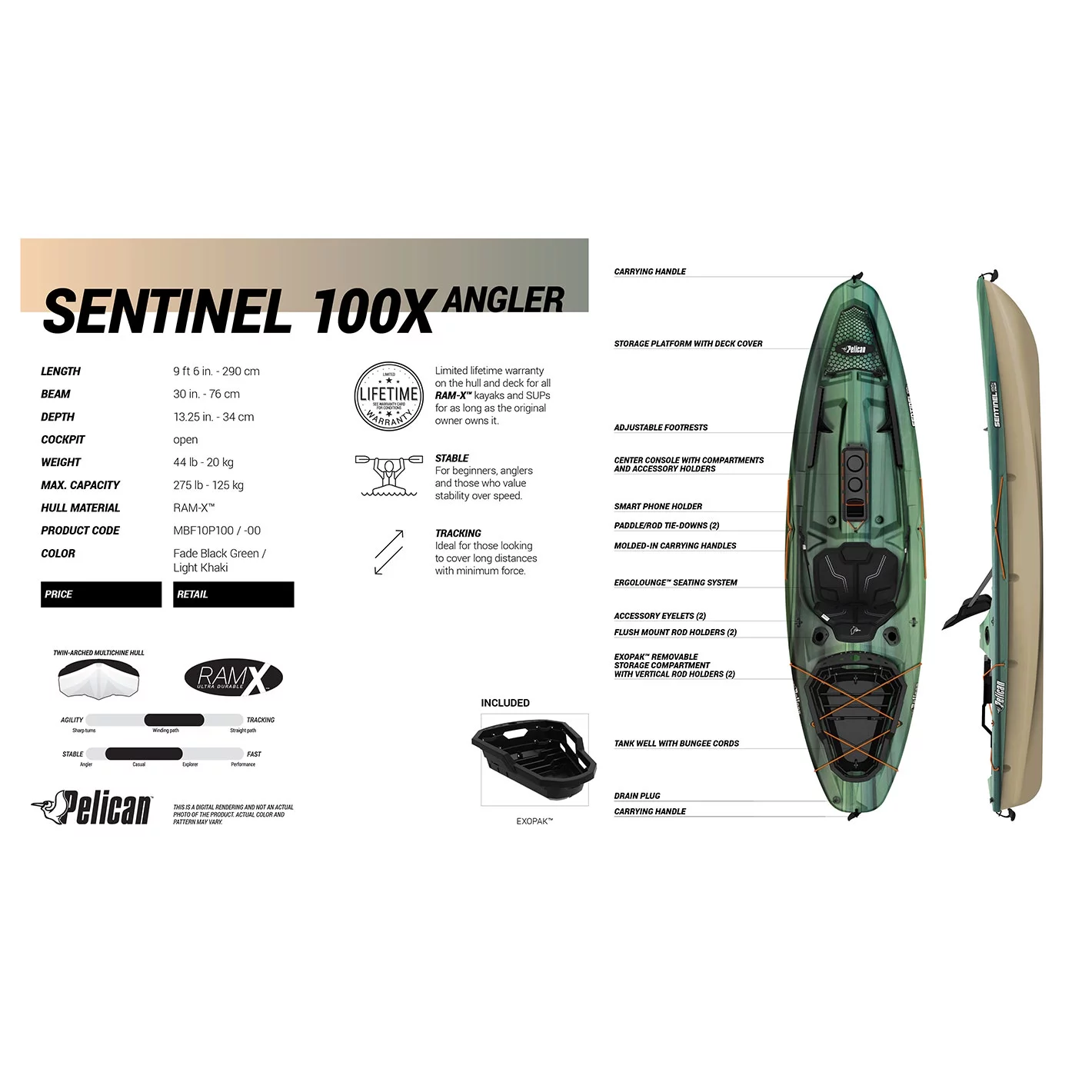 Pelican – Sentinel 100X angler fishing kayak – Fade Black Green