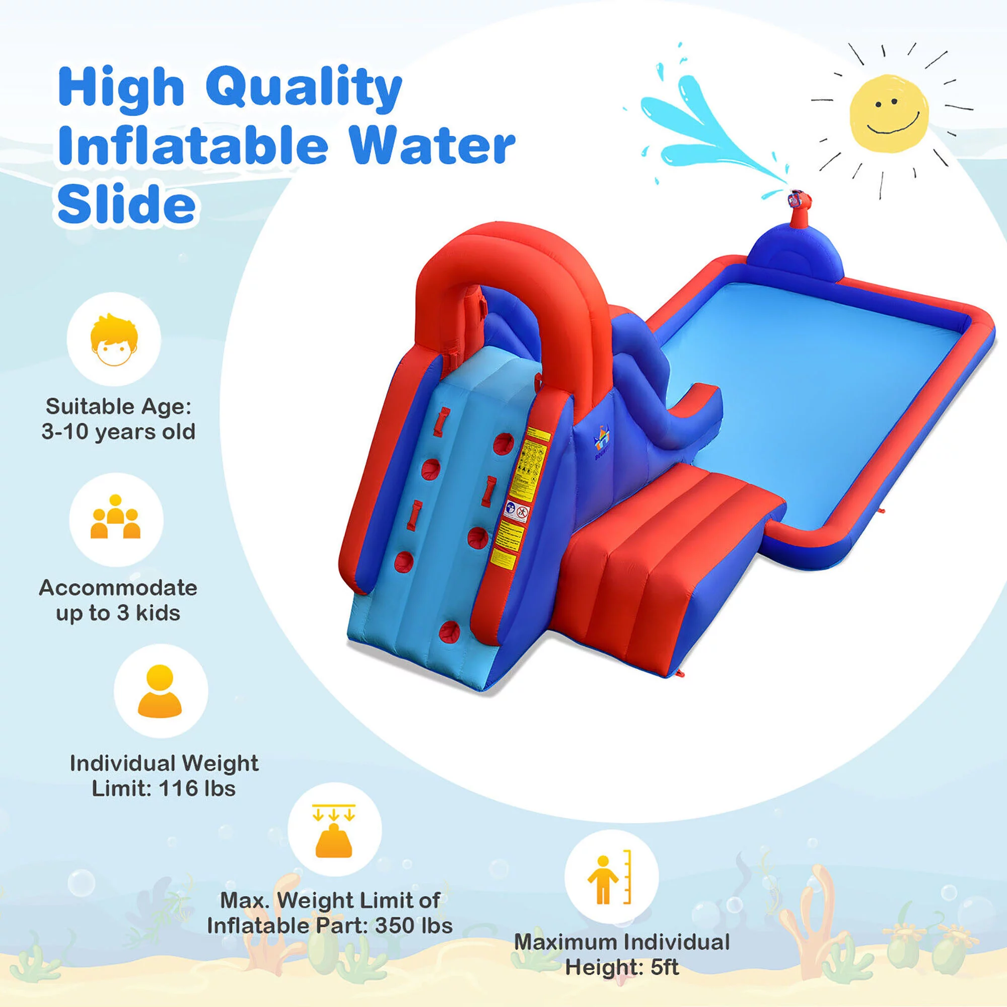 Gymax Inflatable Waterslide w/ Climbing Wall Slide Splash Pool Swim Rings&480W Blower