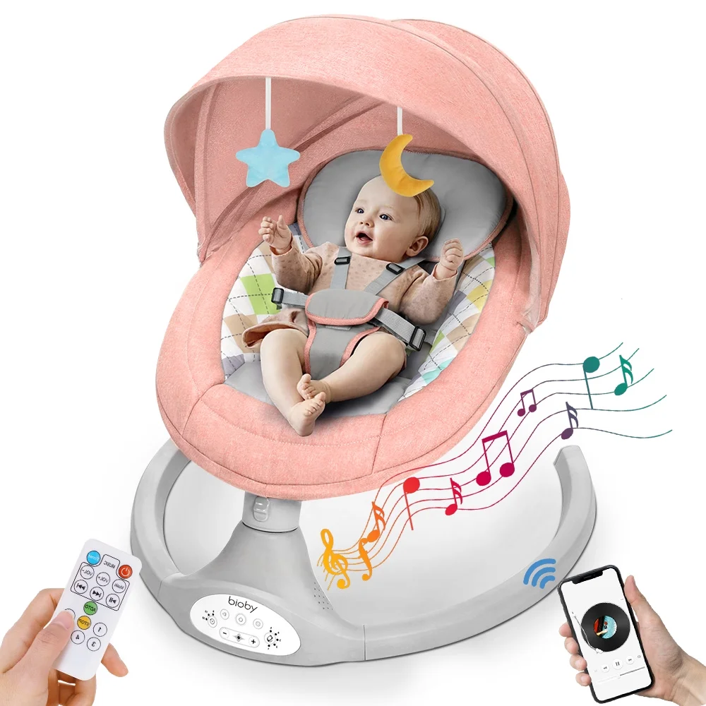 Electric Baby Swing, Bioby Infant Swing Chair Rocker with Remote Control, 5 Swing Speeds, Seat Belt, Bluetooth Music, Grey