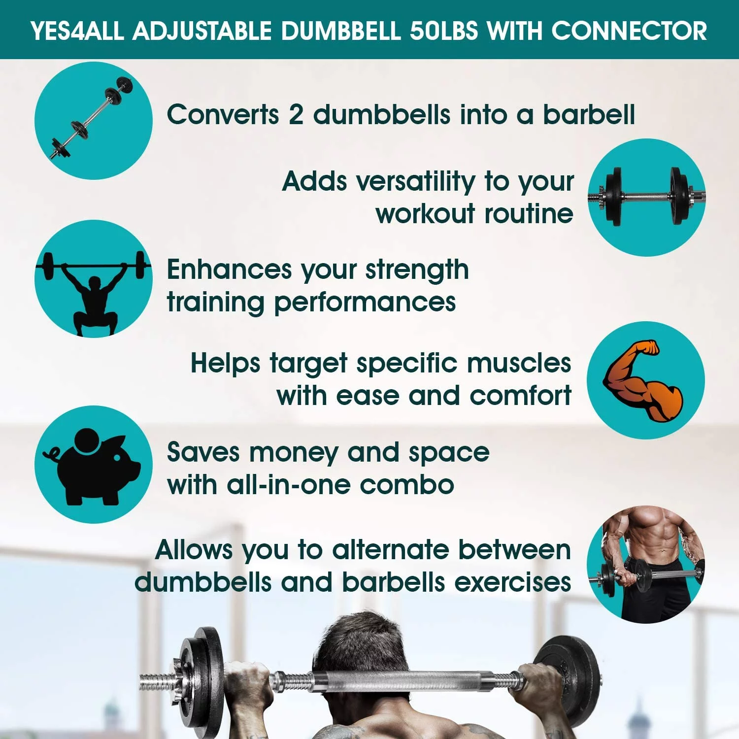 Yes4All 50 lbs Adjustable Dumbbell (25 lbs x 2 pcs) + Dumbbell Bar Connector, Combo/Set