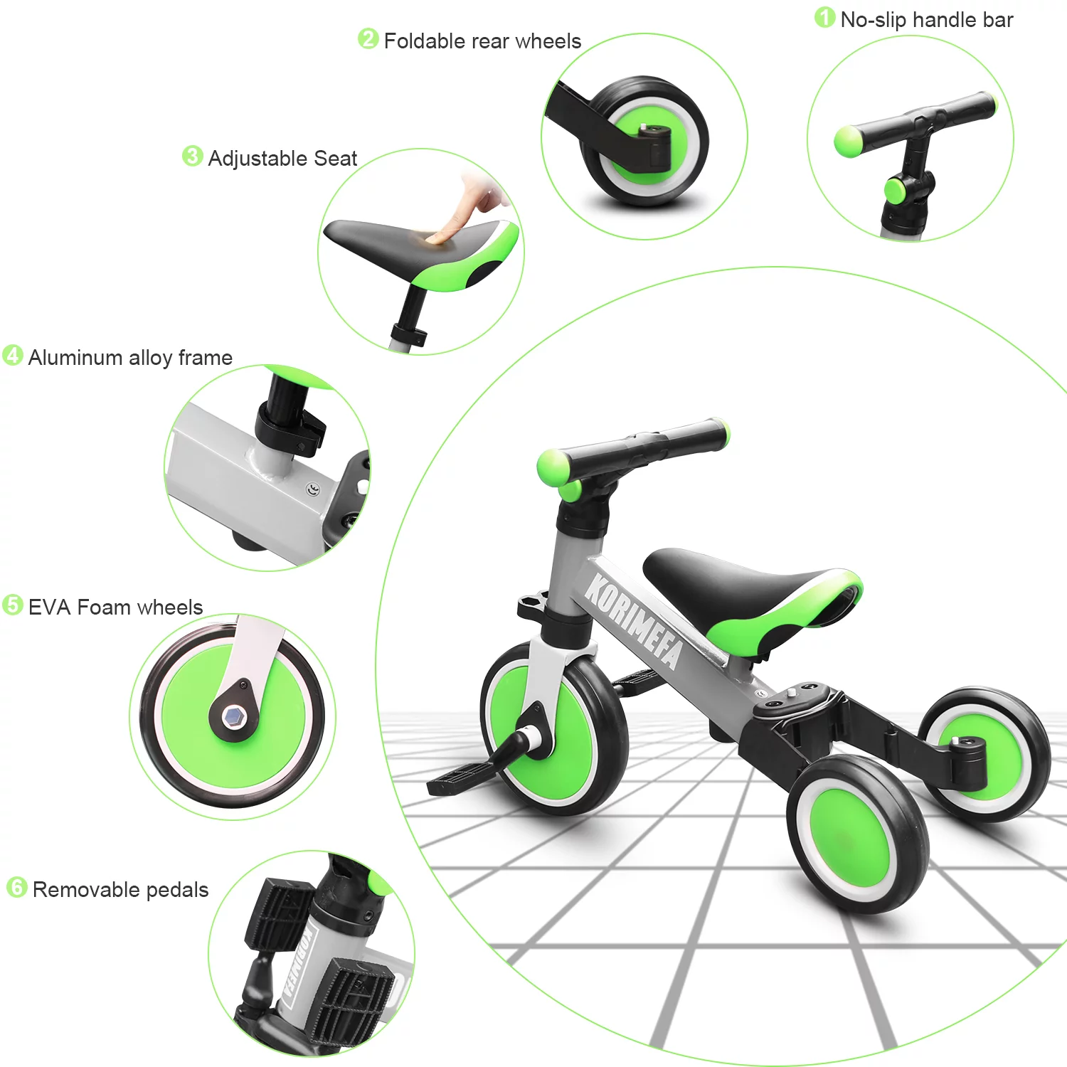 KORIMEFA 3 in 1 Kids Tricycle for 1-3 Year Olds, Toddler Trike for Balance Training, Baby Bike for Boy