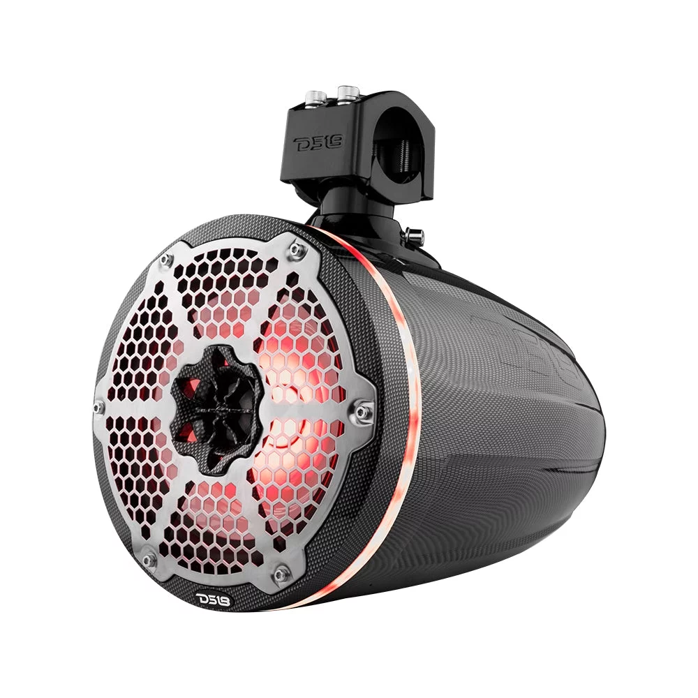 DS18 8″ Marine Tower Speakers with RGB LED Lights 370W Carbon Fiber CF-X8TP