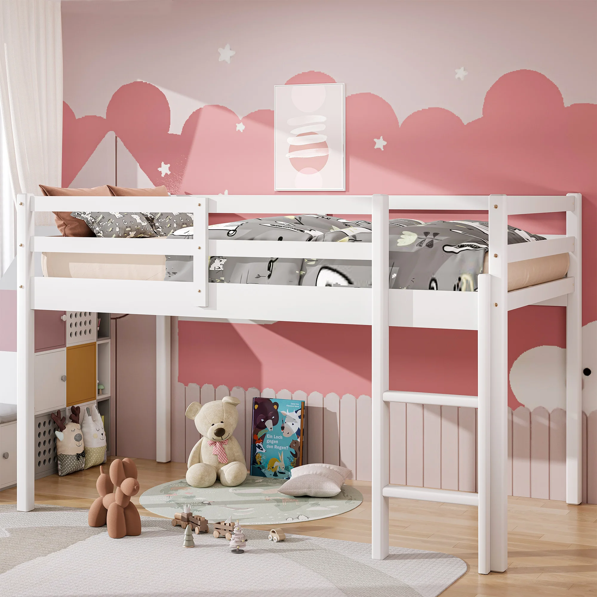 PAPROOS Twin Size Loft Bed, Solid Wood Loft Bed Frame with 14 Wooden Slats, Modern Low Loft Bed for Kids Boys Girls, No Box Spring Needed, White