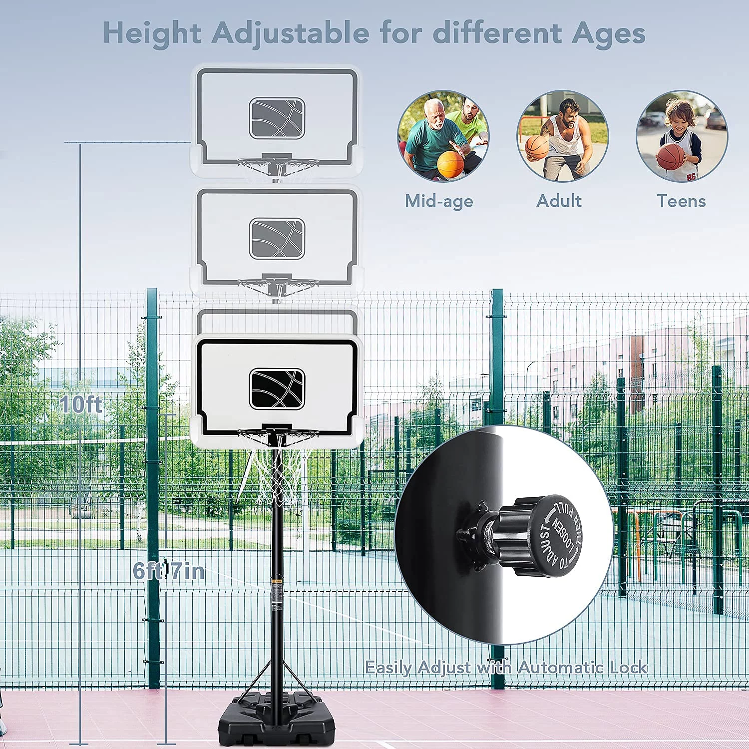 Entil 44” Portable Basketball Hoop Outdoor/Indoor, HDPE Backboard, Height Adjustable 7ft 6in-10ft, High-duty PE Base & Wheels for Kids/Youth