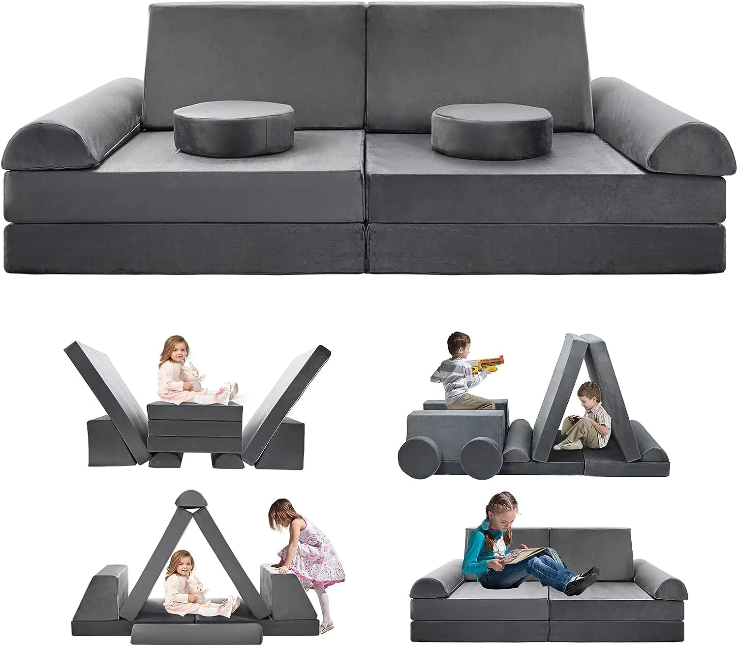 Slsy 10-Piece Kids Couch Sofa, Modular Toddler Couch for Playroom Bedroom, Convertible Foam and Floor Cushion for Playing, Creativing, Sleeping, Gray