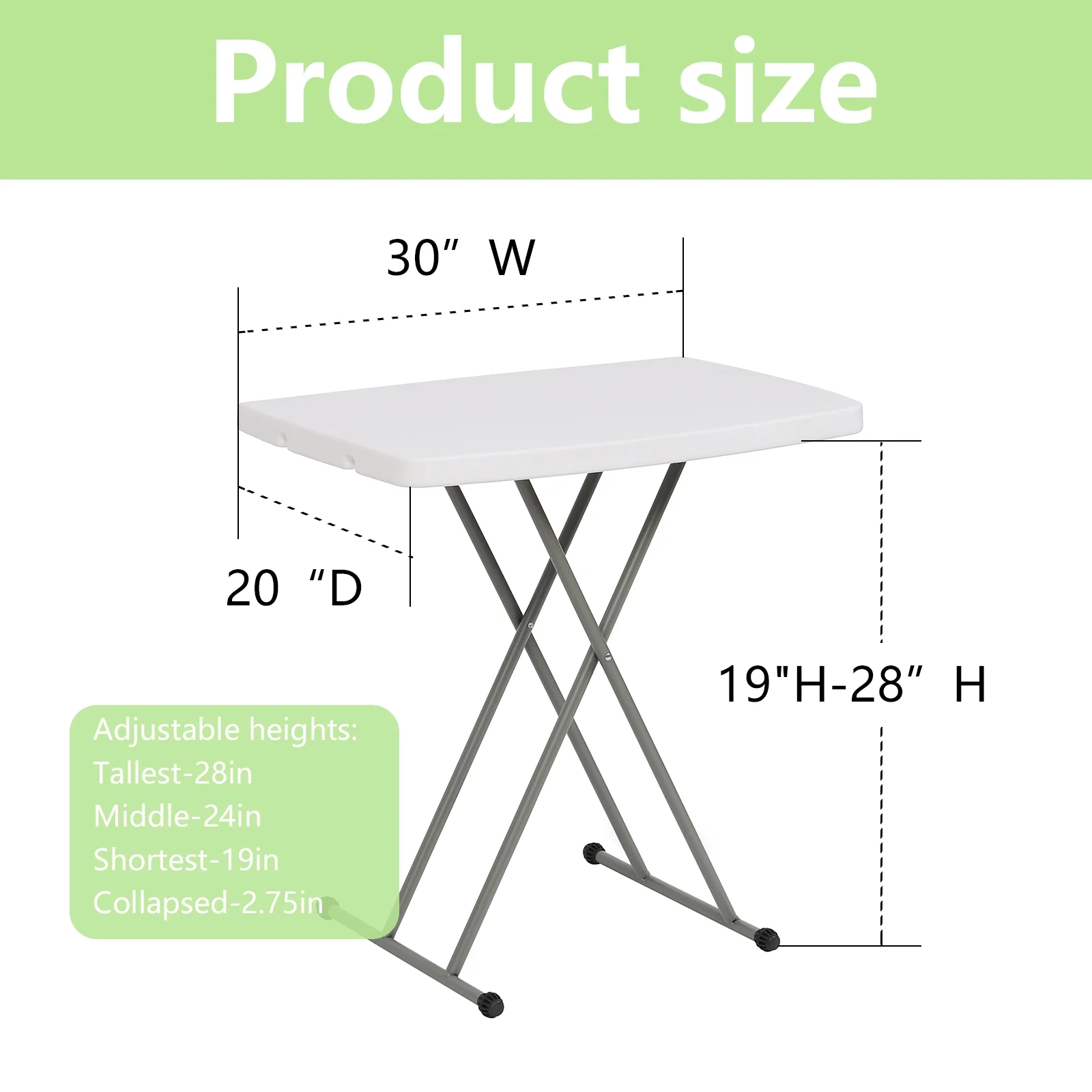 TBKLEY 30″ Height Adjustable Folding  Table TV Tray for Indoor Outdoor Use, White