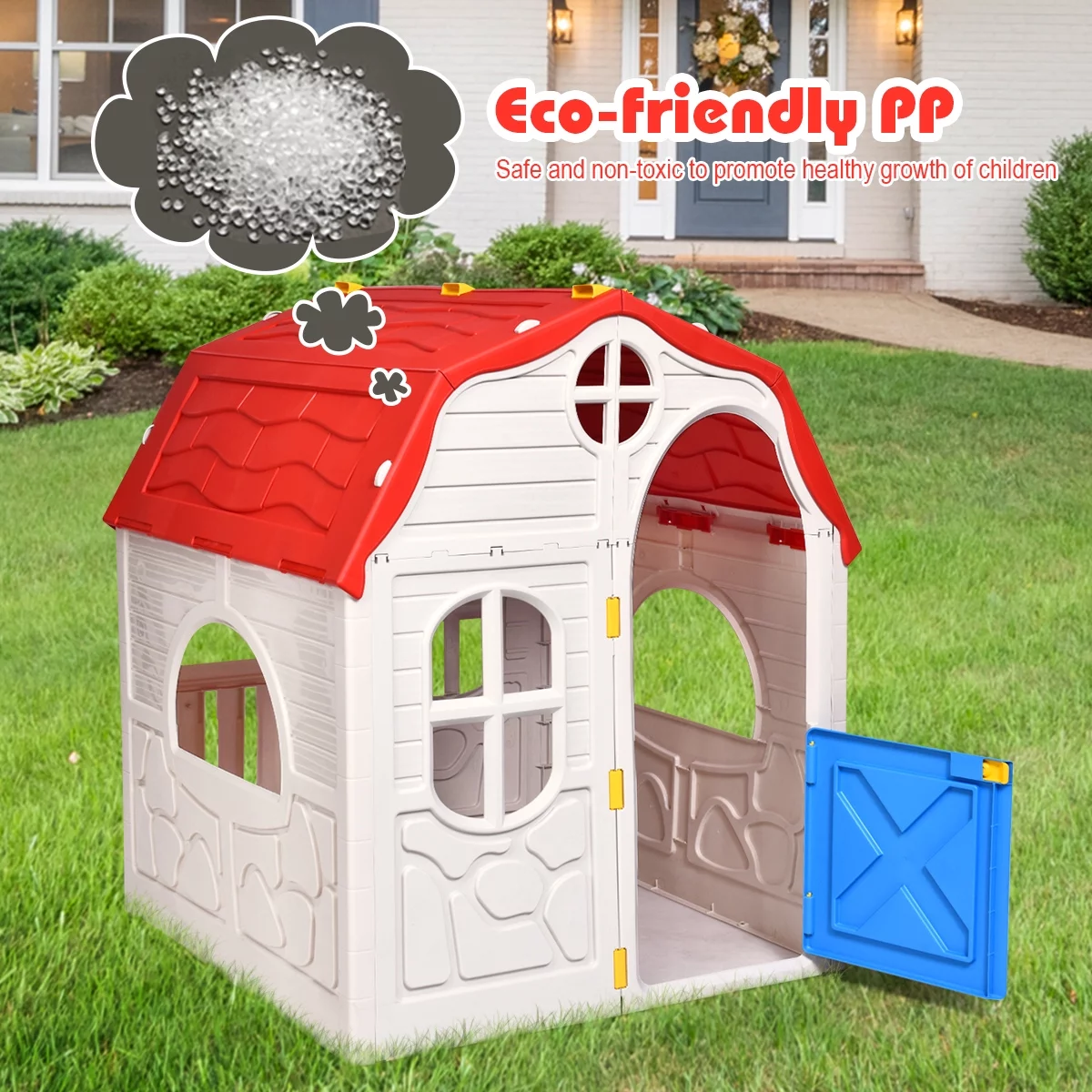 Costway Kids Cottage Playhouse Foldable Plastic Play House Indoor Outdoor Toy Portable