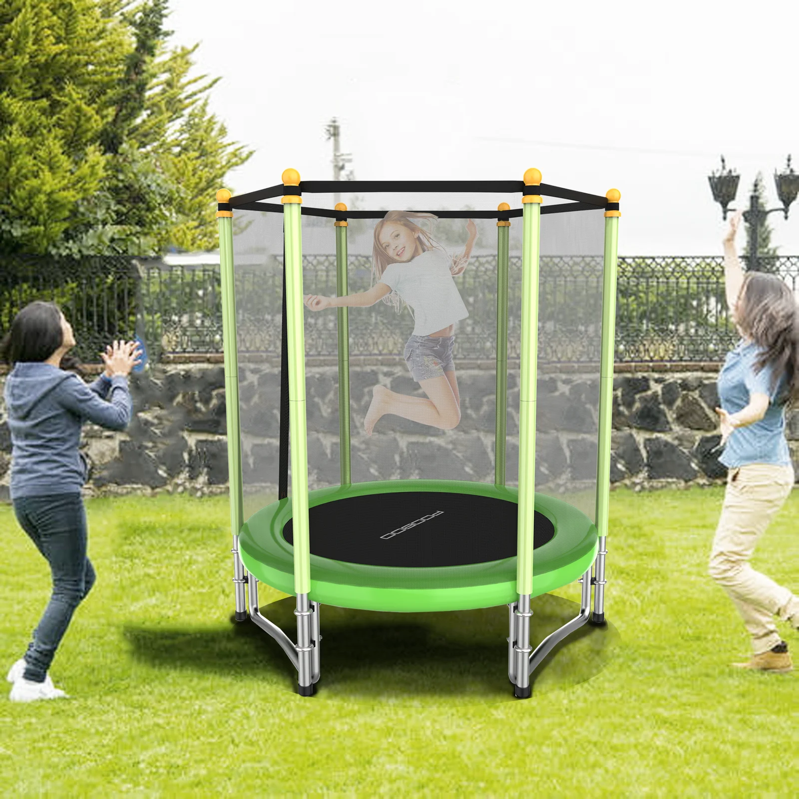 Pooboo 55″ Trampoline for Kids Bouncing Jumping Mat Recreational Trampoline with Safety Enclosure Net Supports up to 380 Pounds