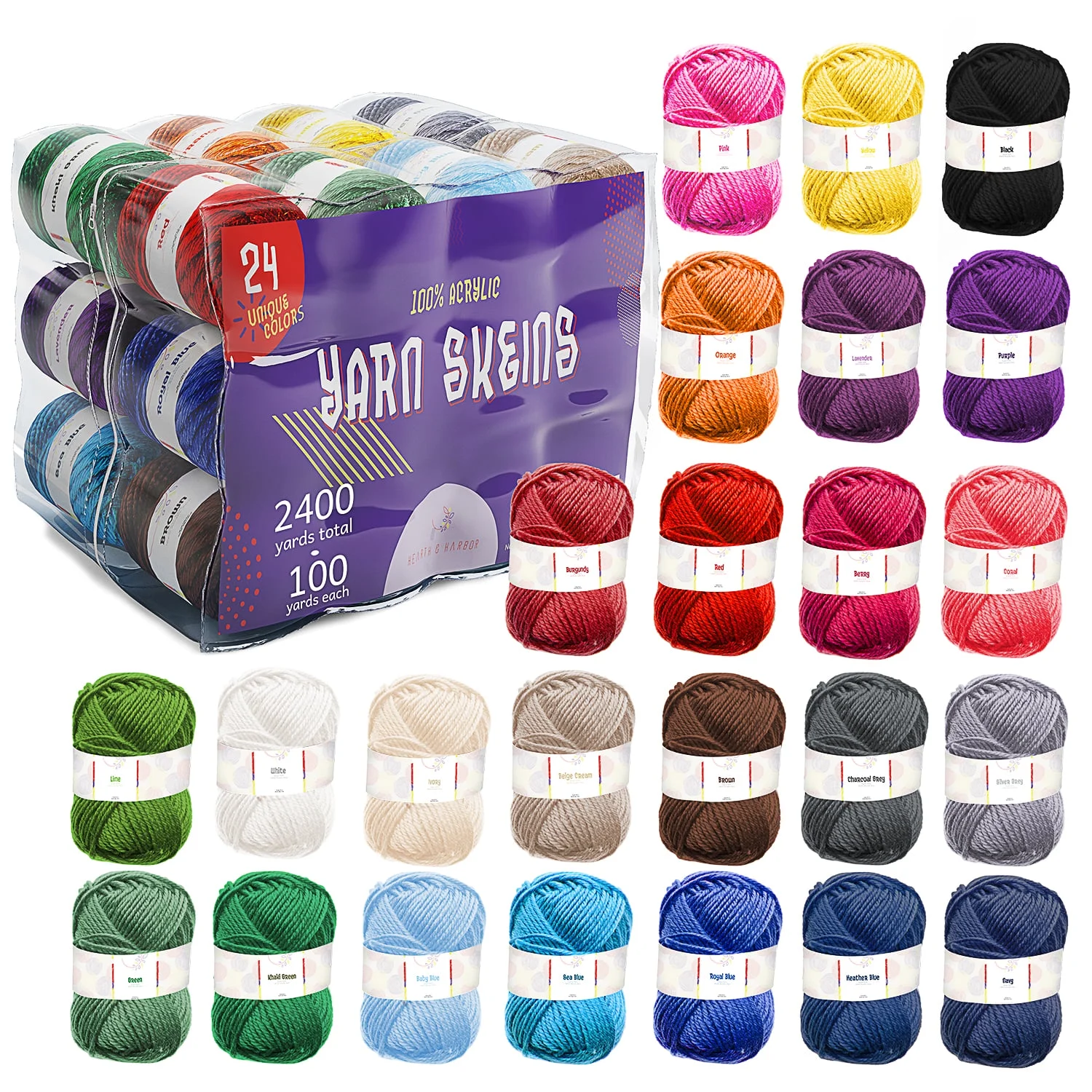 Craftbud (24pc) Crochet Yarn, Multi-Colored Acrylic Hand Knitting Yarn for Crochet, 2400 Yards