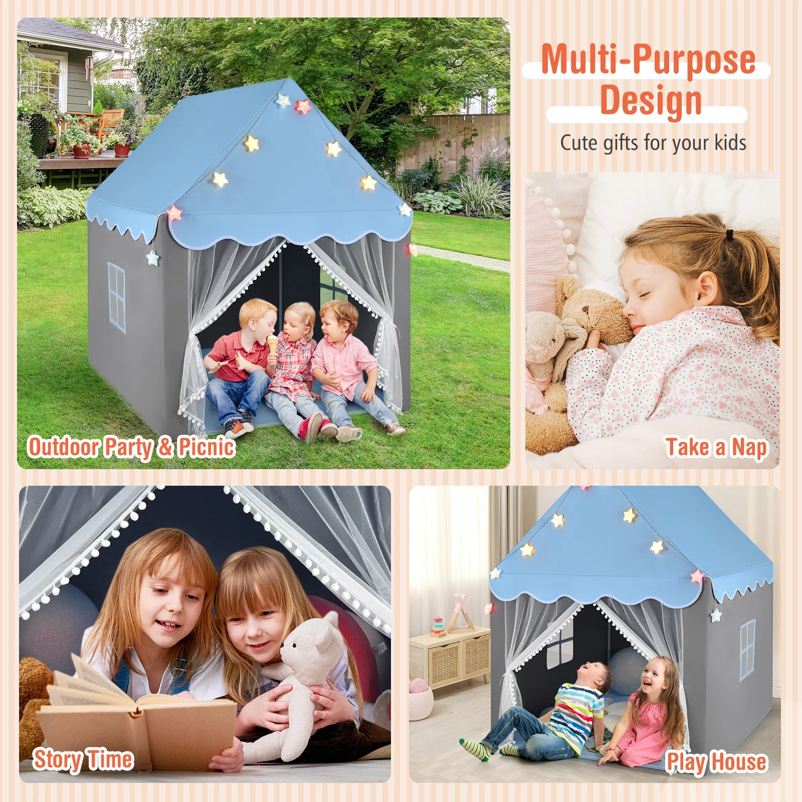 Infans Kids Playhouse Tent Large Castle Fairy TentGift w/Star Lights Mat Blue