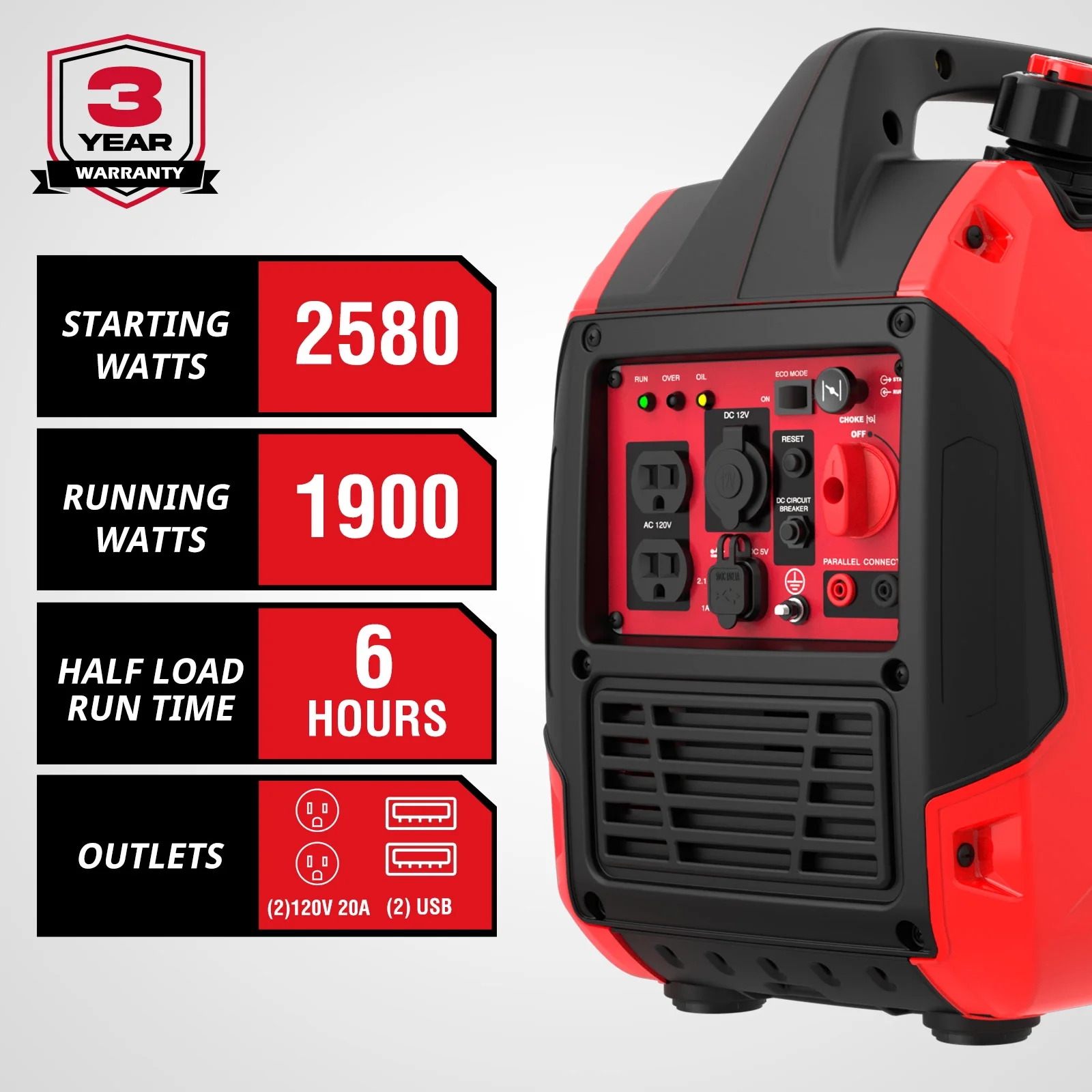 Gas Powered Inverter Generator 2580W Portable with USB Outlet & Parallel Kit Terminal