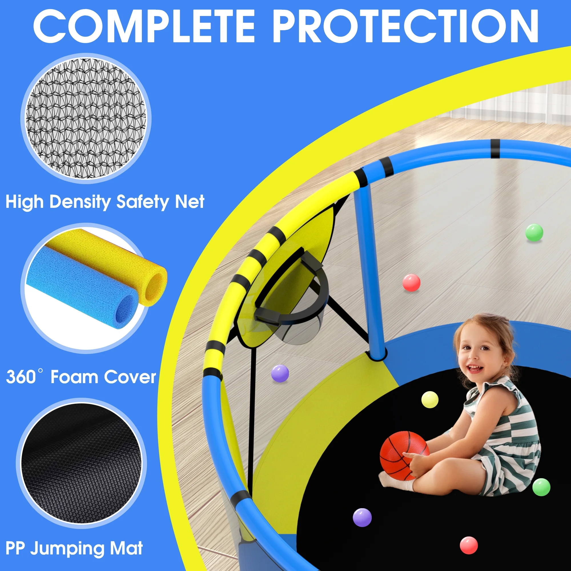 Kumix 60” Trampoline for Kids, 440LBS Indoor/Outdoor Trampoline with Enclosure, Basketball Hoop, Mini Toddler Trampoline with Swings, Adjustable Bars and Rings, Gifts for Kids, Toddler, Boys & Girls