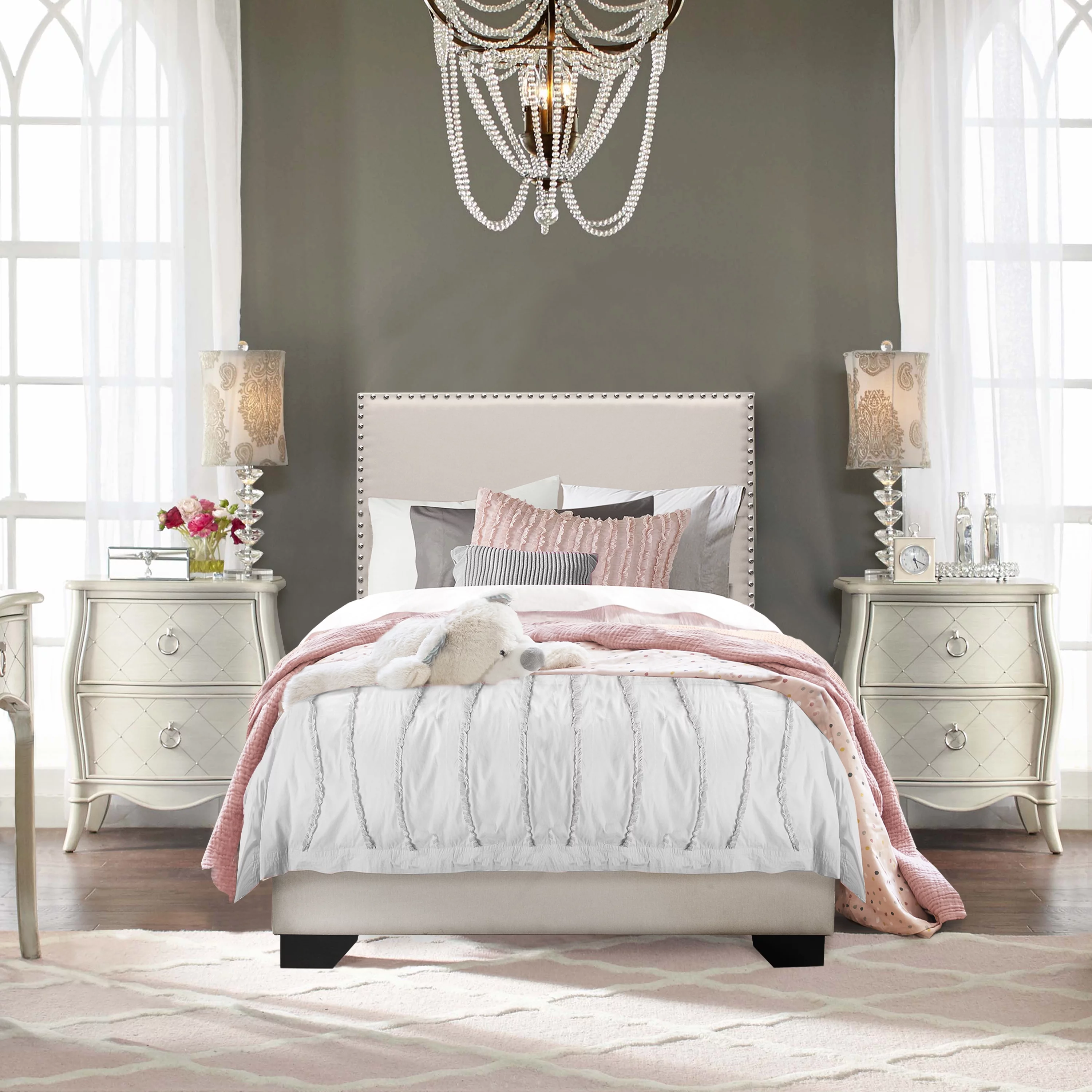 Skylar Nailhead Trim Upholstered Twin Platform Bed, Beige