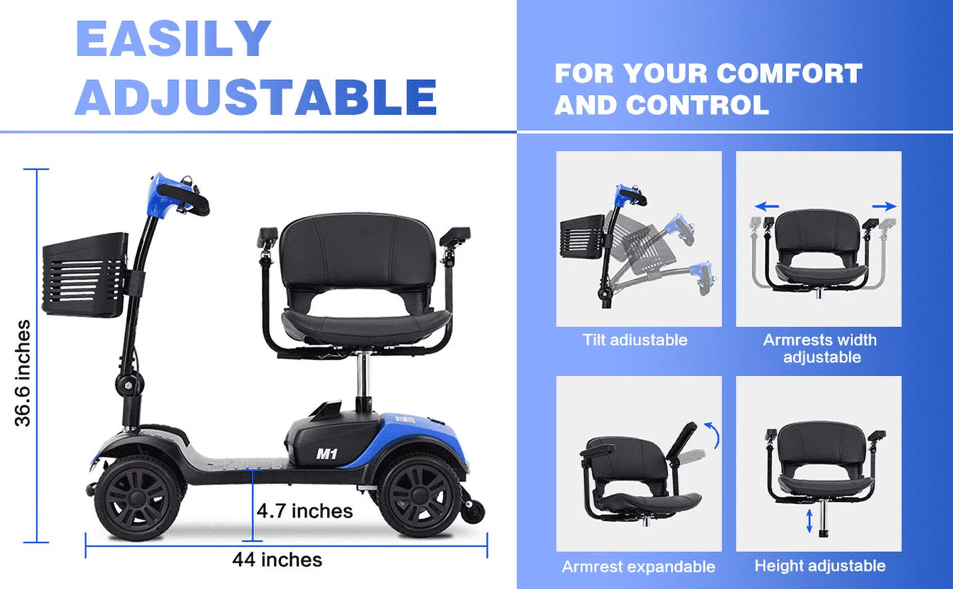 Mobility Scooter for Seniors, Foldable Electric Powered Mobile Wheelchair with Basket, Collapsible & Compact for Travel with Family (Blue)