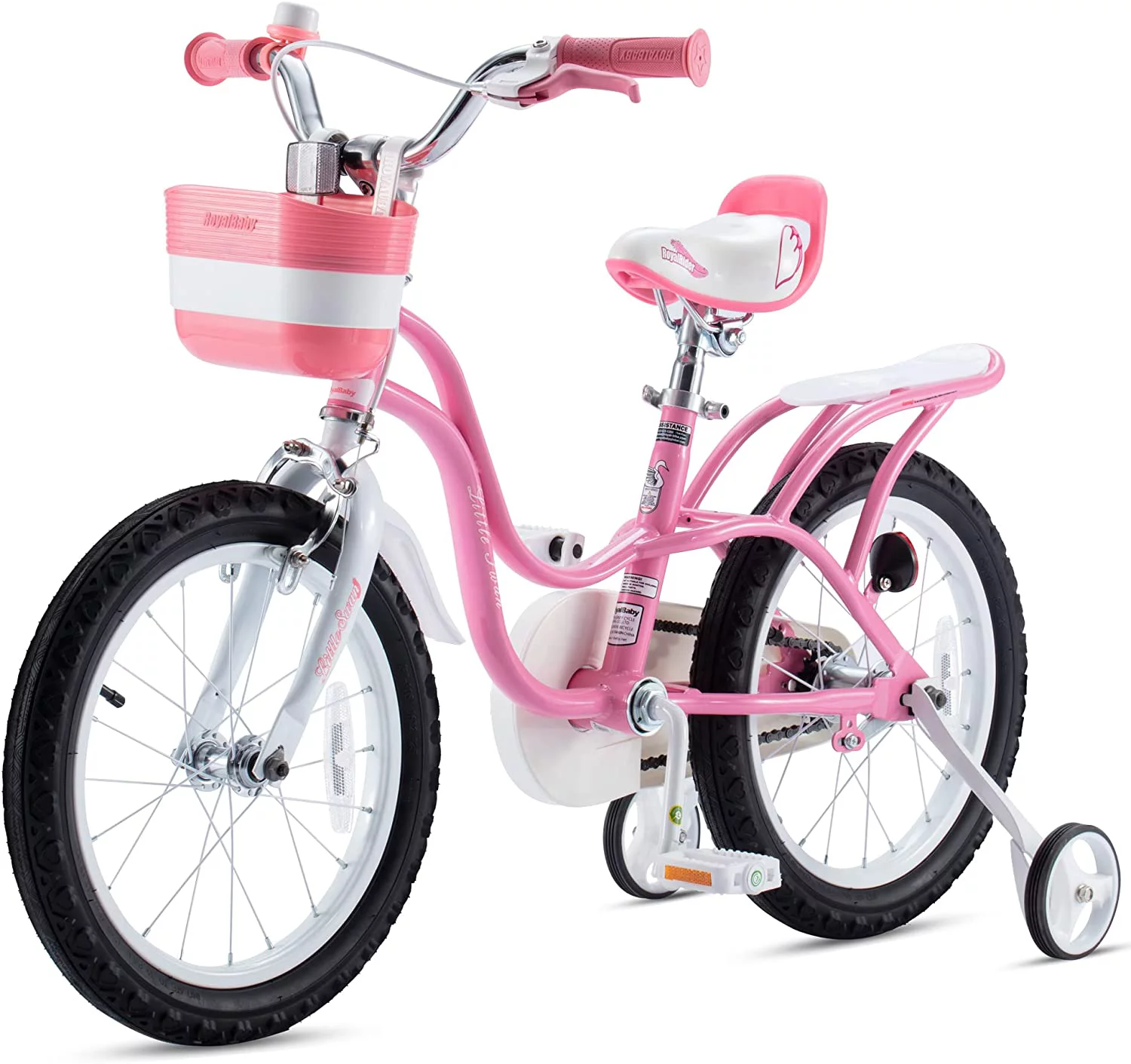 Royalbaby Little Swan Girls and Kid’s 12 In. Children’s Beginner Bicycles with Training Wheels Basket, Pink and white