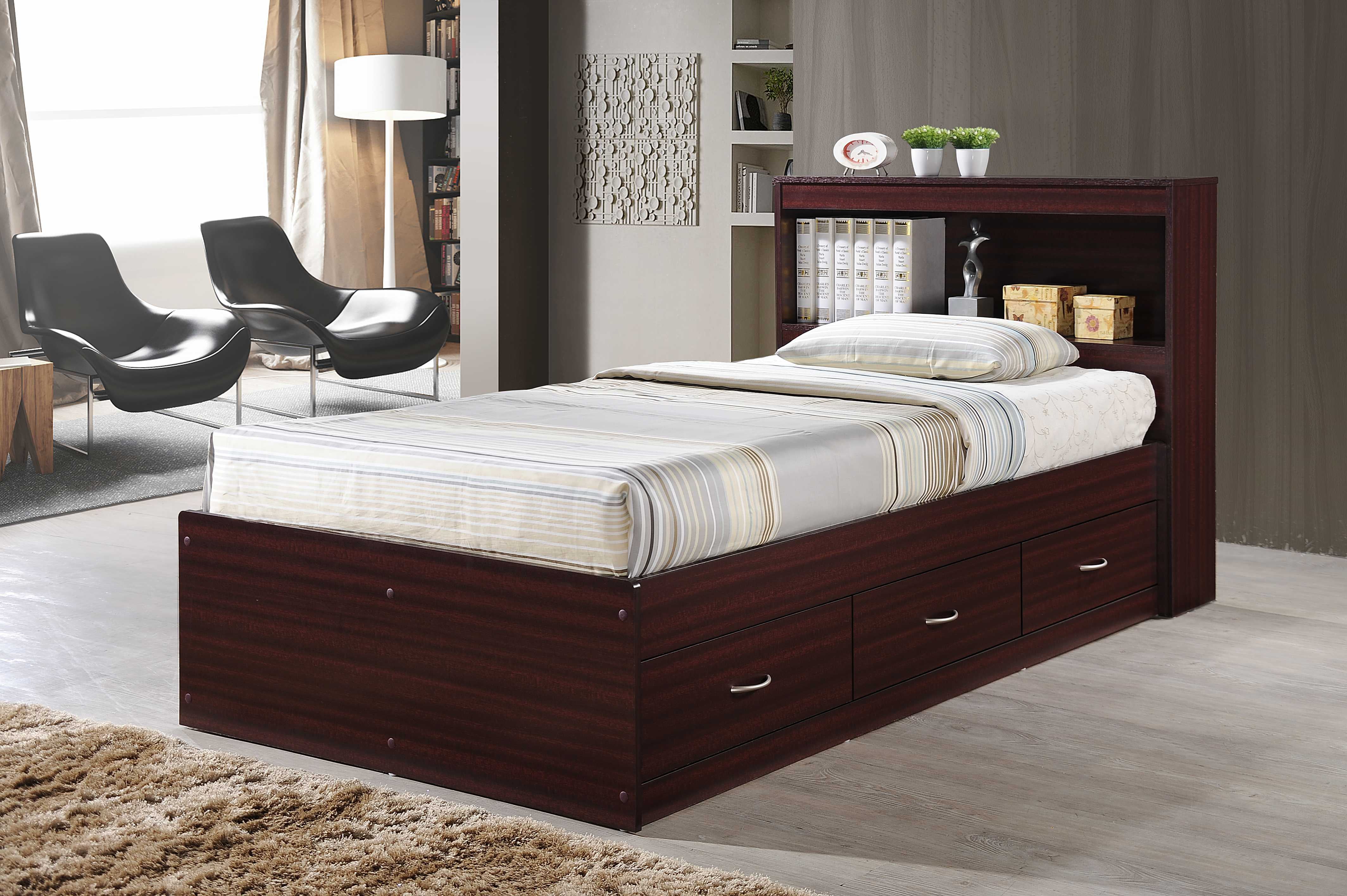 Hodedah Twin-Size Captain Bed with 3-Drawers and Headboard in White