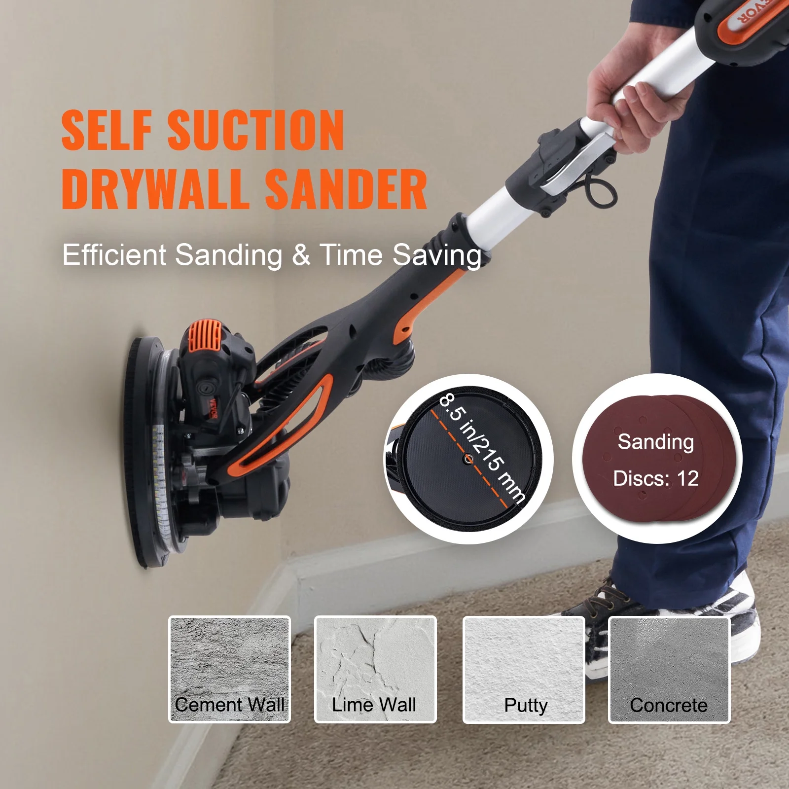 BENTISM Drywall Sander 900W Brush Motor 800-1800RPM Variable Speed & Self-Suction