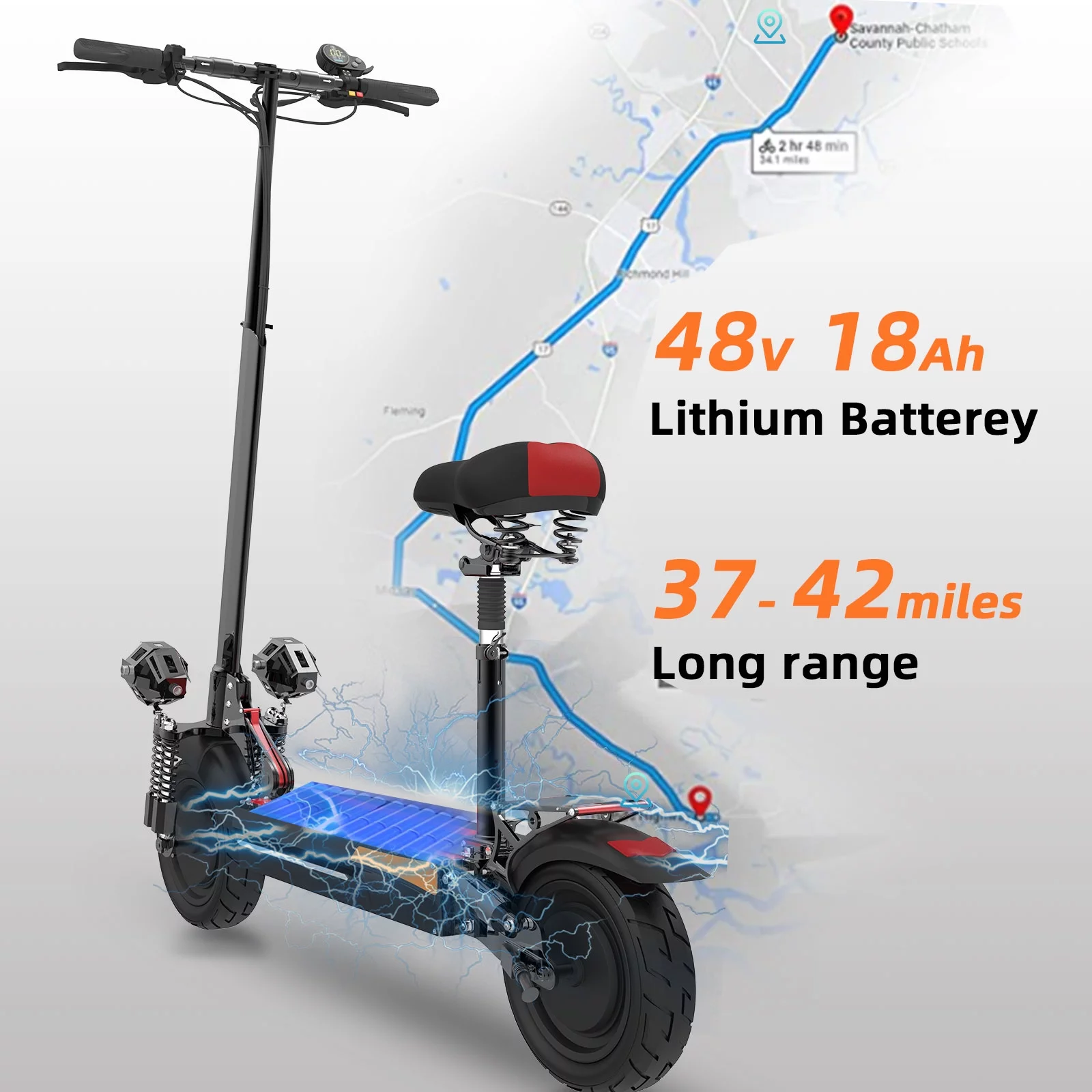 JUEXING Electric Scooter for Adults, 2400W Motor Power, 40 mph Top Speed, 20.8Ah Lithium Battery up to 45Miles, 10 Inch Pneumatic Tire, Commuter Electric Scooter with Seat