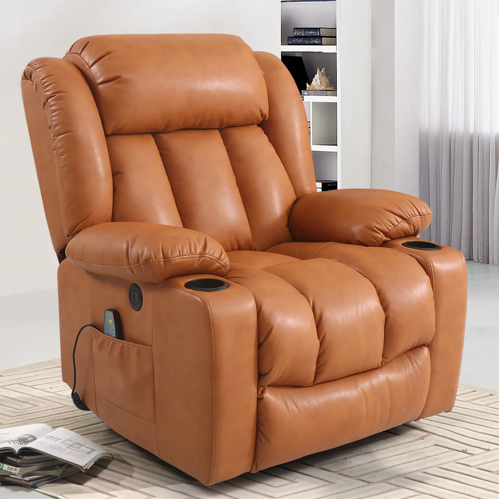 TEKAMON Large Power Lift Recliner Chair for Elderly with Heat and Massage Leather Electric Recliners Chair For Living Room with Cup Holders, Remote Control (Brown)