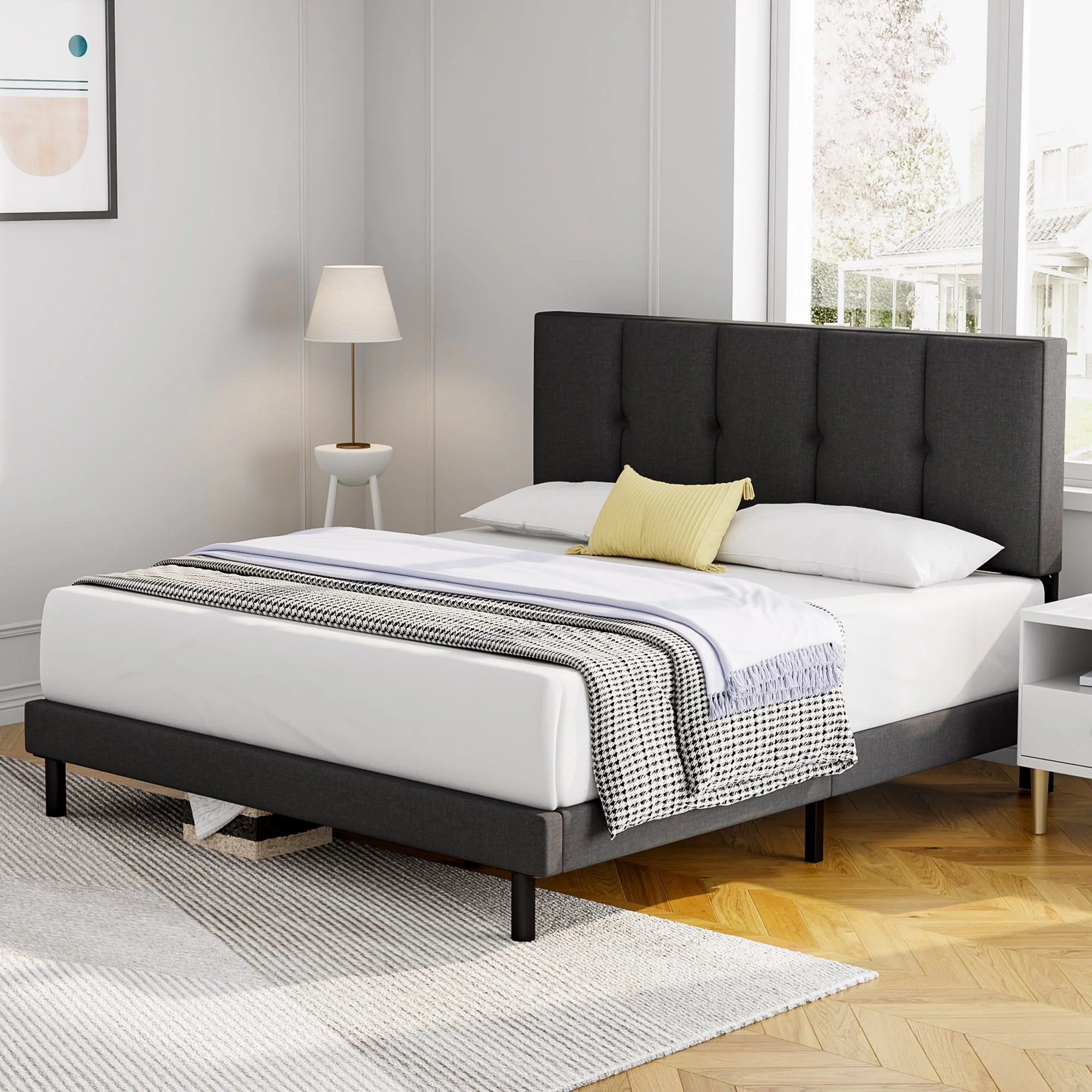 Queen bed, HAIIDE Queen Size Platform Bed Frame with Fabric Upholstered Headboard, No Box Spring Needed, Dark Grey