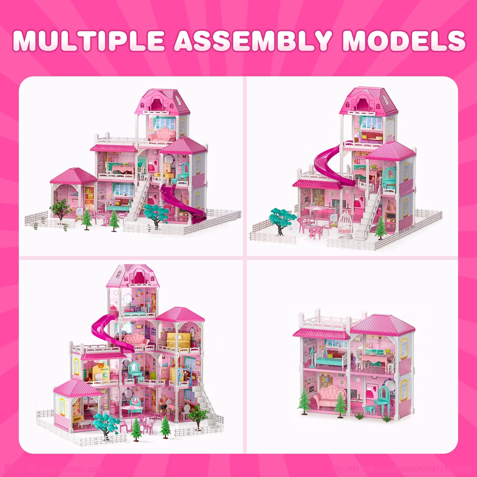 HopeRock Dollhouse for Girls, 4-Story 12 Rooms Playhouse with 2 Dolls Toy Figures, Gift Toy for Kids Ages 3 4 5 6