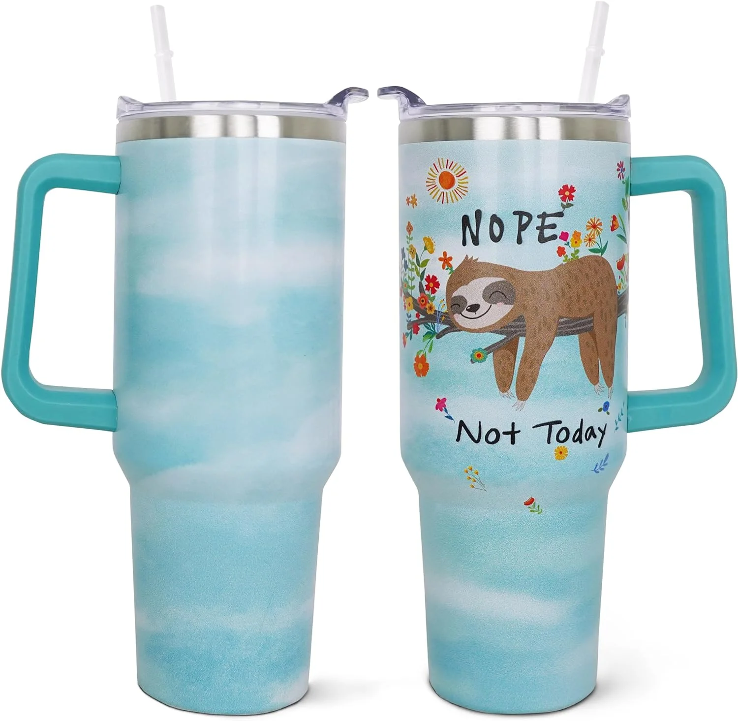 40 oz Tumbler with Handle and Straw, 40oz Sloth Tumbler with Handle Insulated Leak Proof Travel Coffee Mug, Reusable Stainless Steel Tumblers