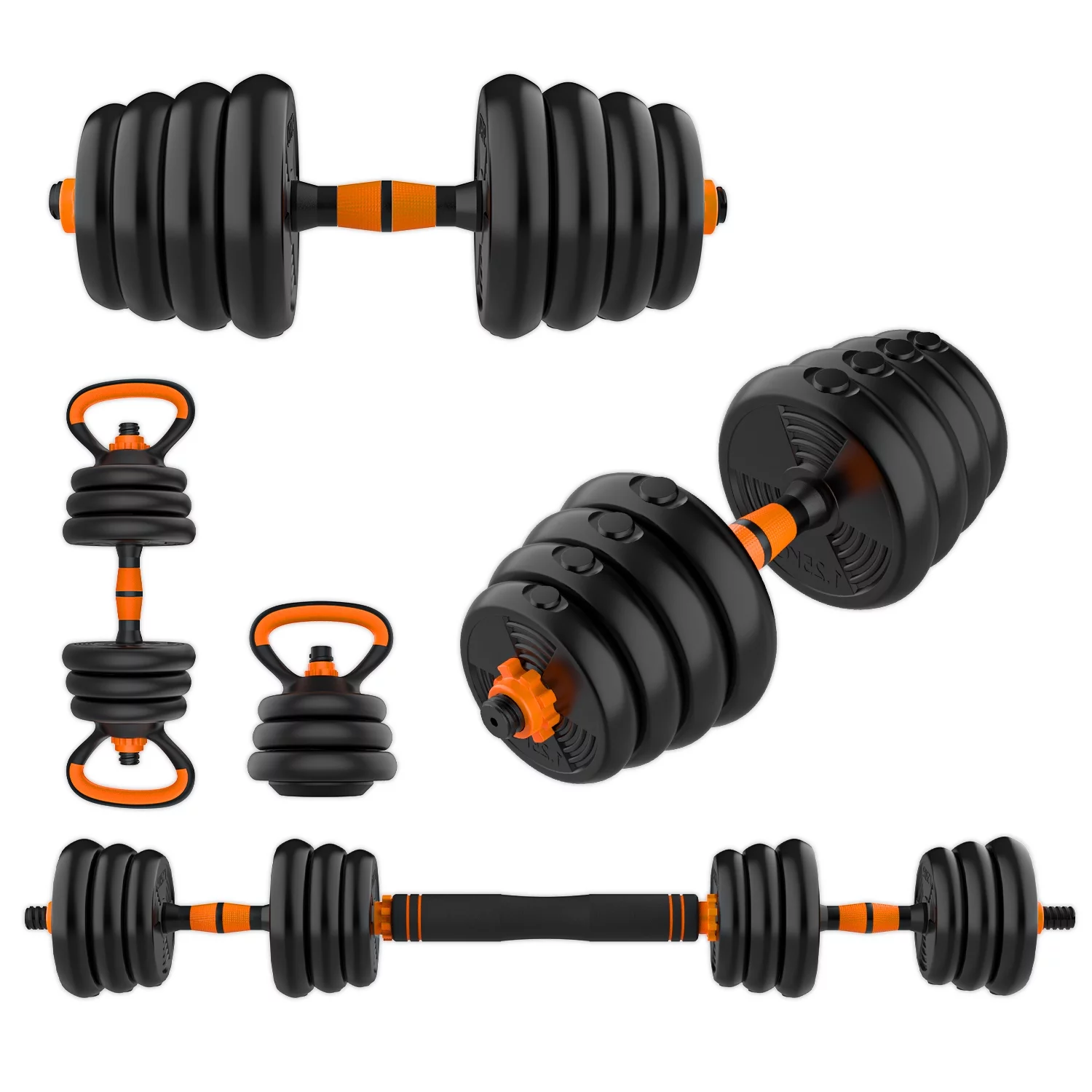 FIXTECH 66LB Adjustable Weight Dumbbell Set, Free Weights with 4 Modes, Used as Barbell, Kettlebell with Star Collars, Orange