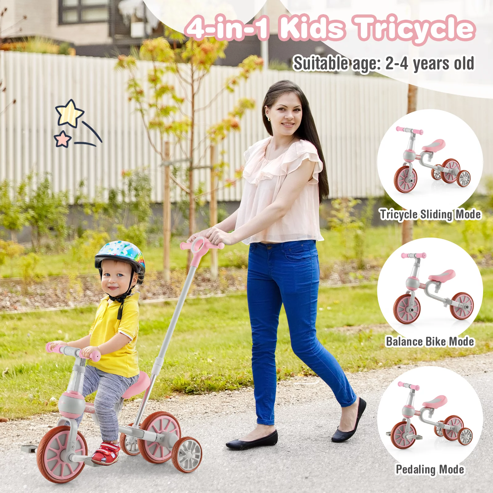 Infans 4 in 1 Kids Tricycles w/ Push Handle & Training Wheels Baby Balance Bike Pink