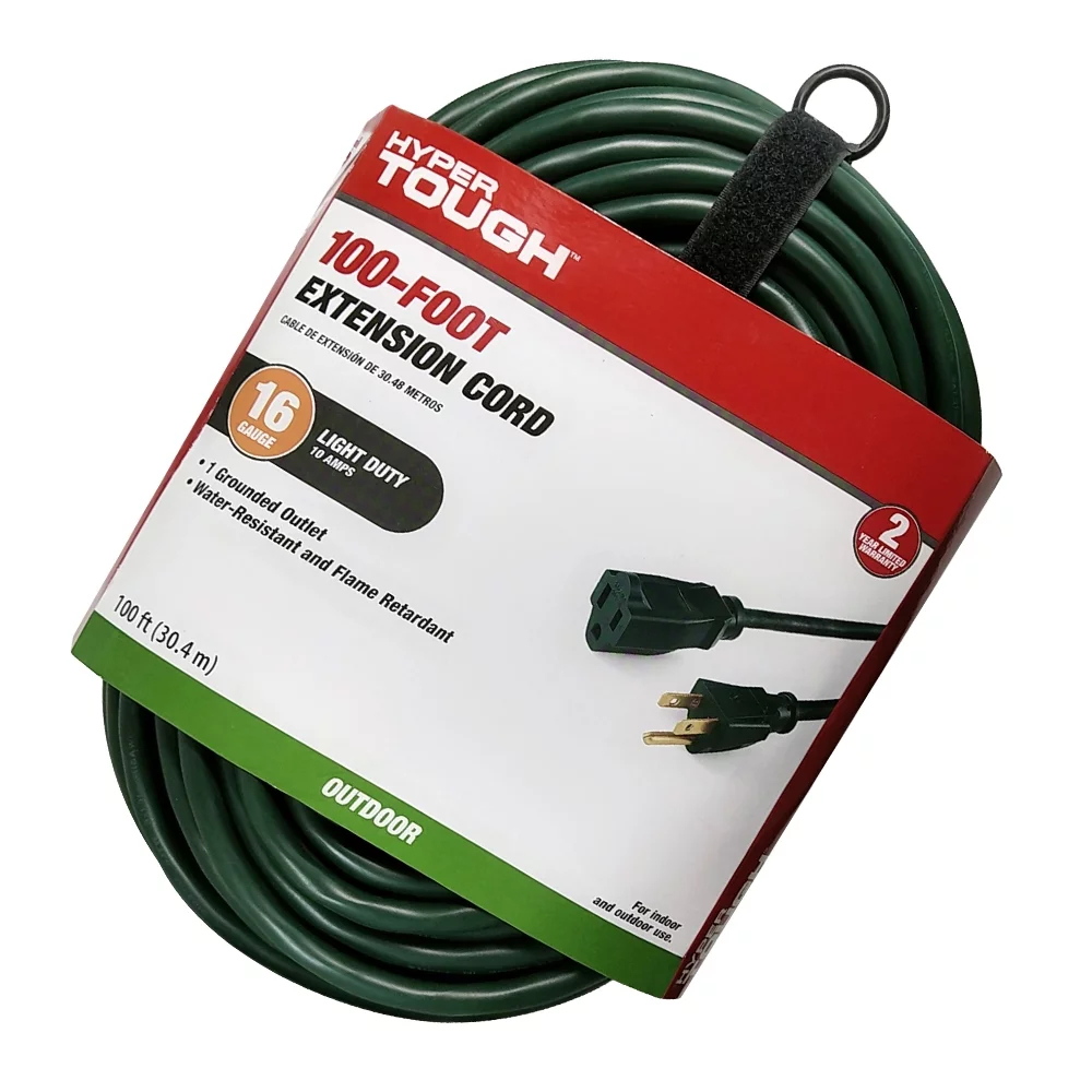 Hyper Tough 100FT 16AWG 3 Prong Green Single Outlet Outdoor Extension Cord, 10 amps