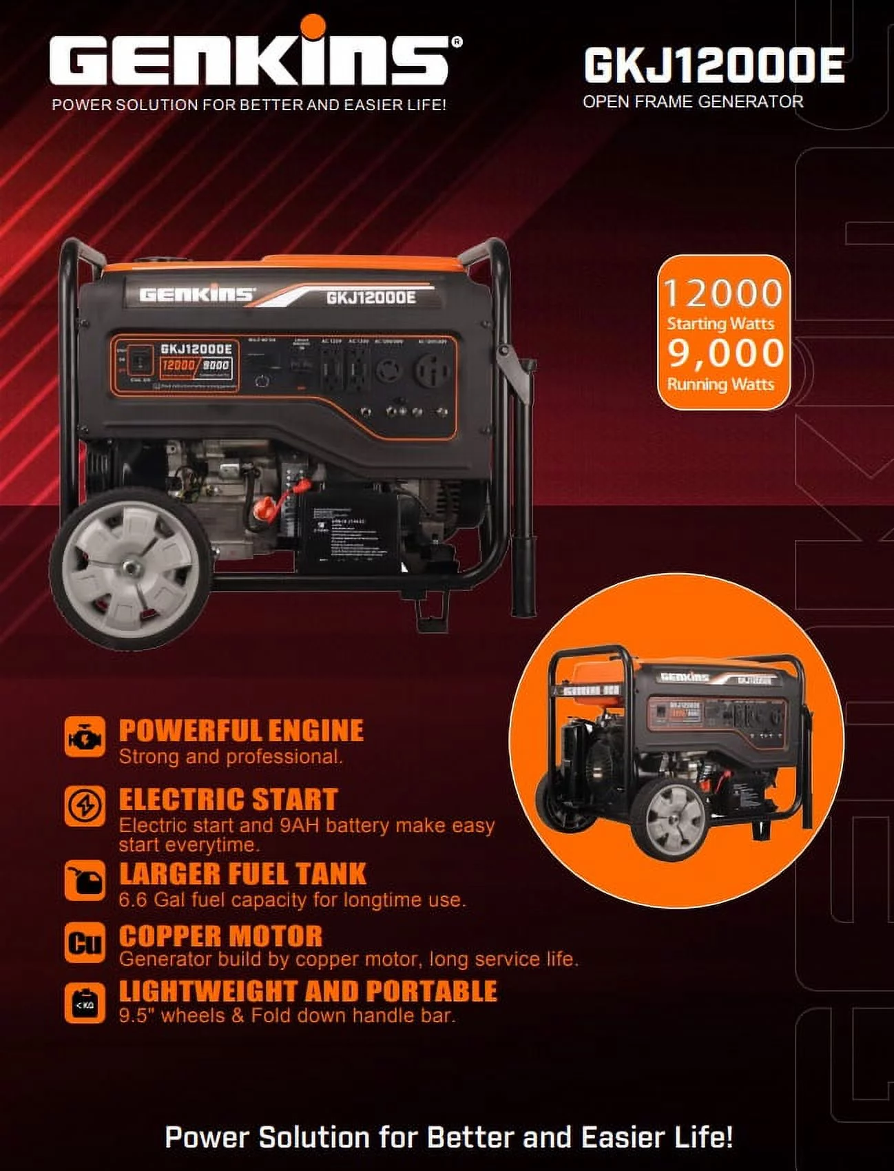 Genkins GKJ12000E 12000 Watt Portable Generator W/ Electric Starter Wheel Handle Included Heavy Duty Recreation Emergency Power Back up