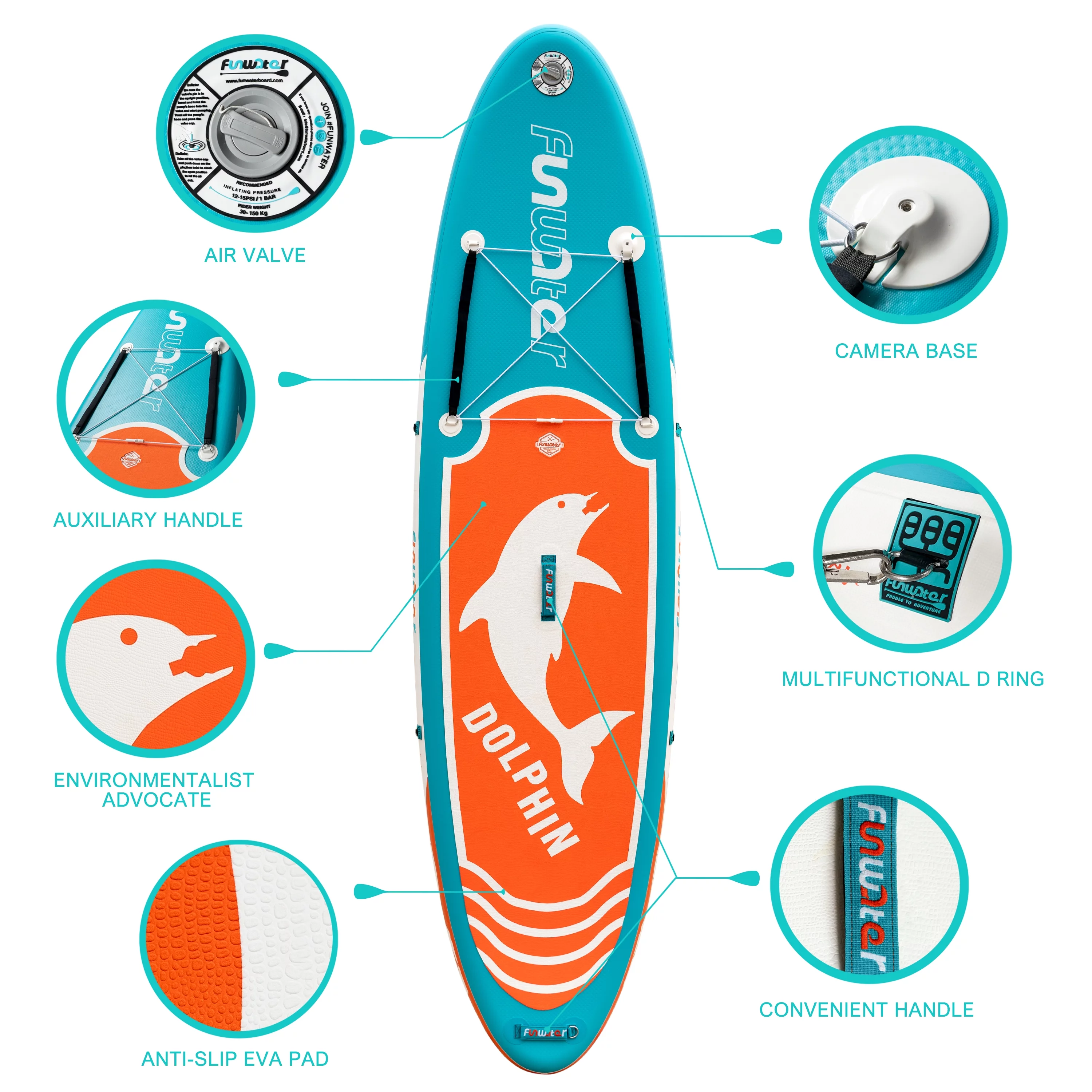 FUNWATER Stand Up Inflatable Paddle Board, ISUP Dolphin Pattern Paddle Board 10’x31”x6” (LXWXH)Blue Orange, Premium Free Accessories Backpack Paddle Fins,Unisex