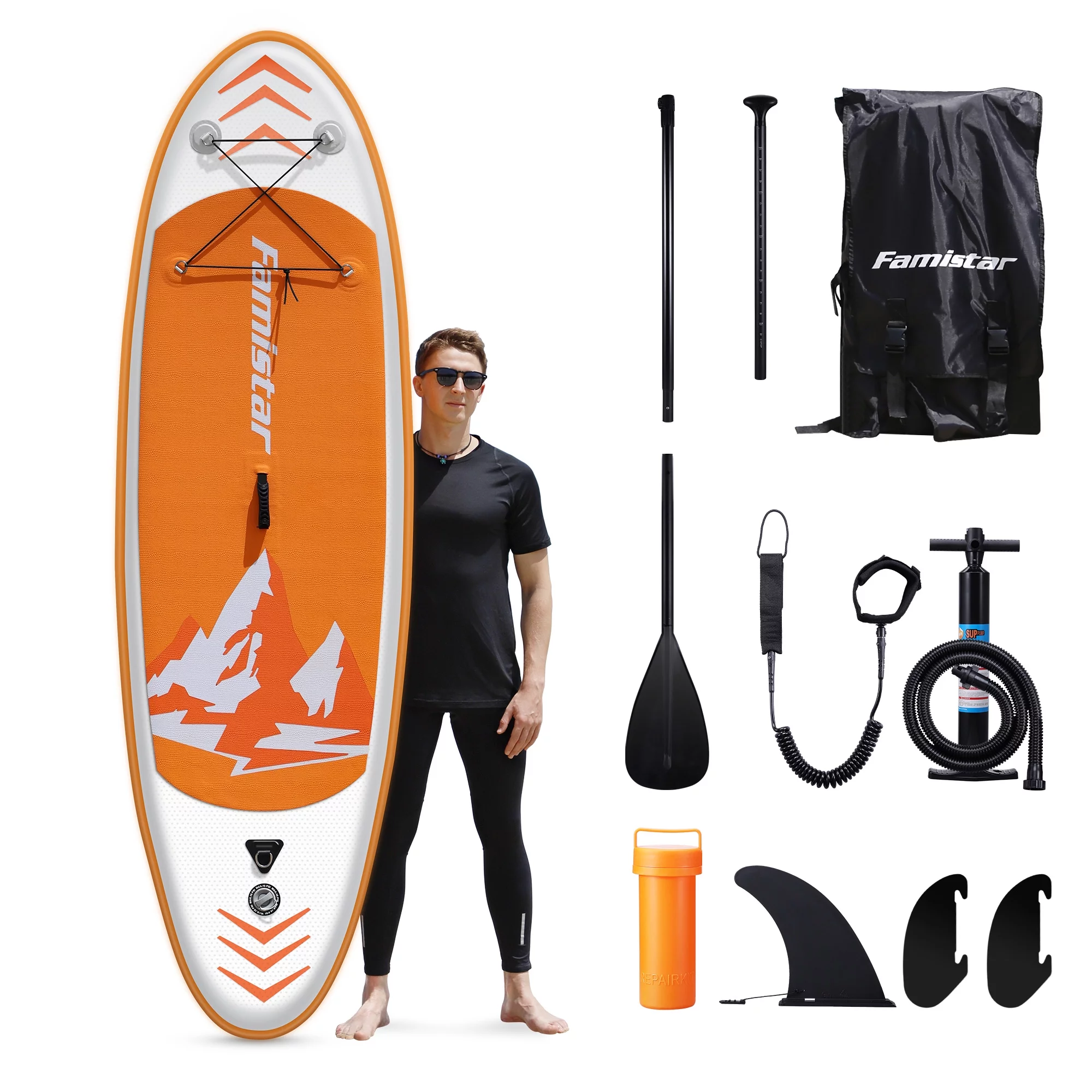 Famistar 8’7″ Inflatable Stand Up Paddle Board SUP w/ 3 Fins, Adjustable Paddle, Pump & Carrying Backpack