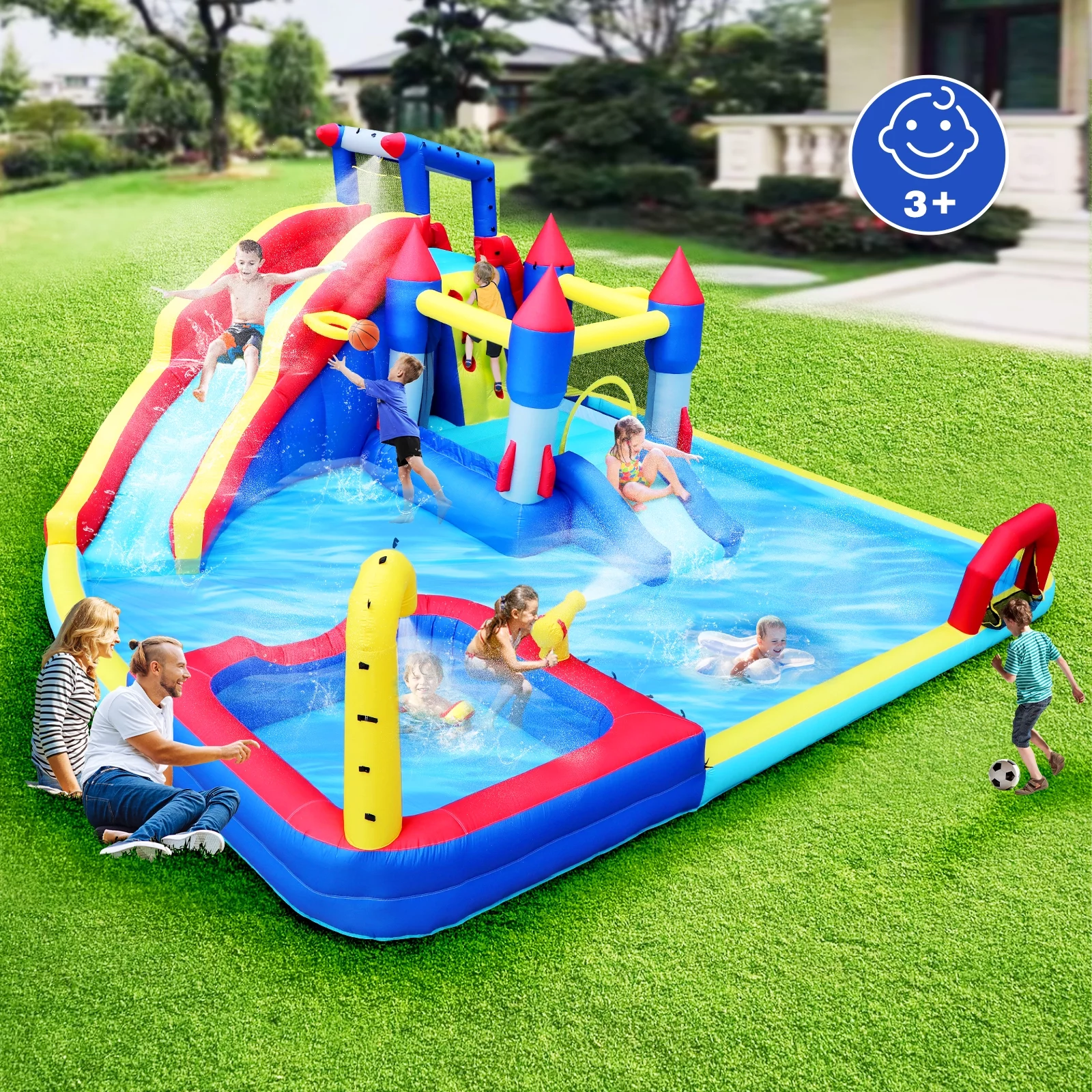 Track 7 Inflatable Water Park,7 in1 Inflatable Slide Water Park Bounce House with Splash Pool & Water Gun & Climbing Wall & Basketball & Soccer & Dual Pools & Blower,Blow Up Water Park Bounce House