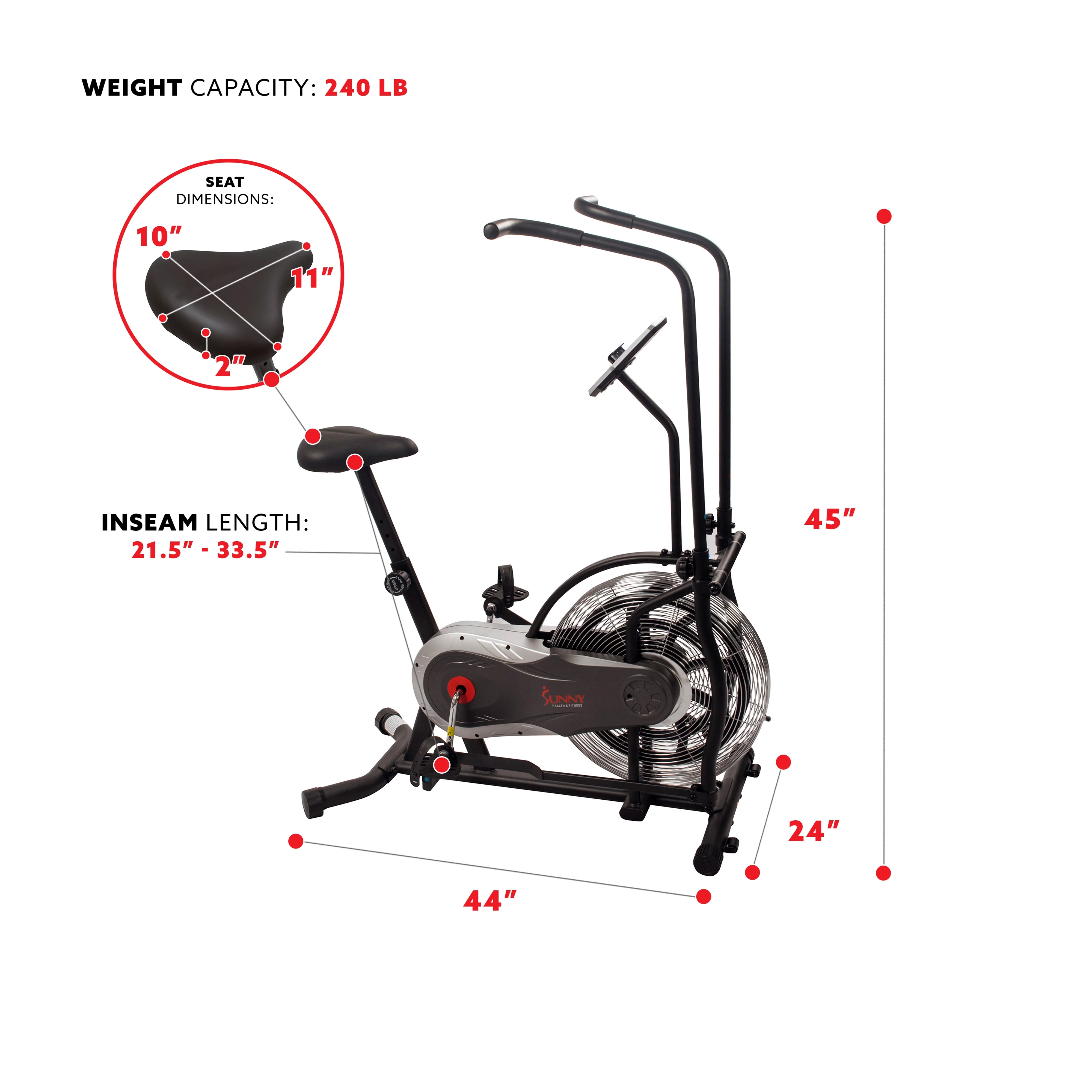 Sunny Health & Fitness Zephyr Indoor Stationary Upright Air Bike w/ Row – Fan Exercise Bicycle Cardio Machine For Home, SF-B2715