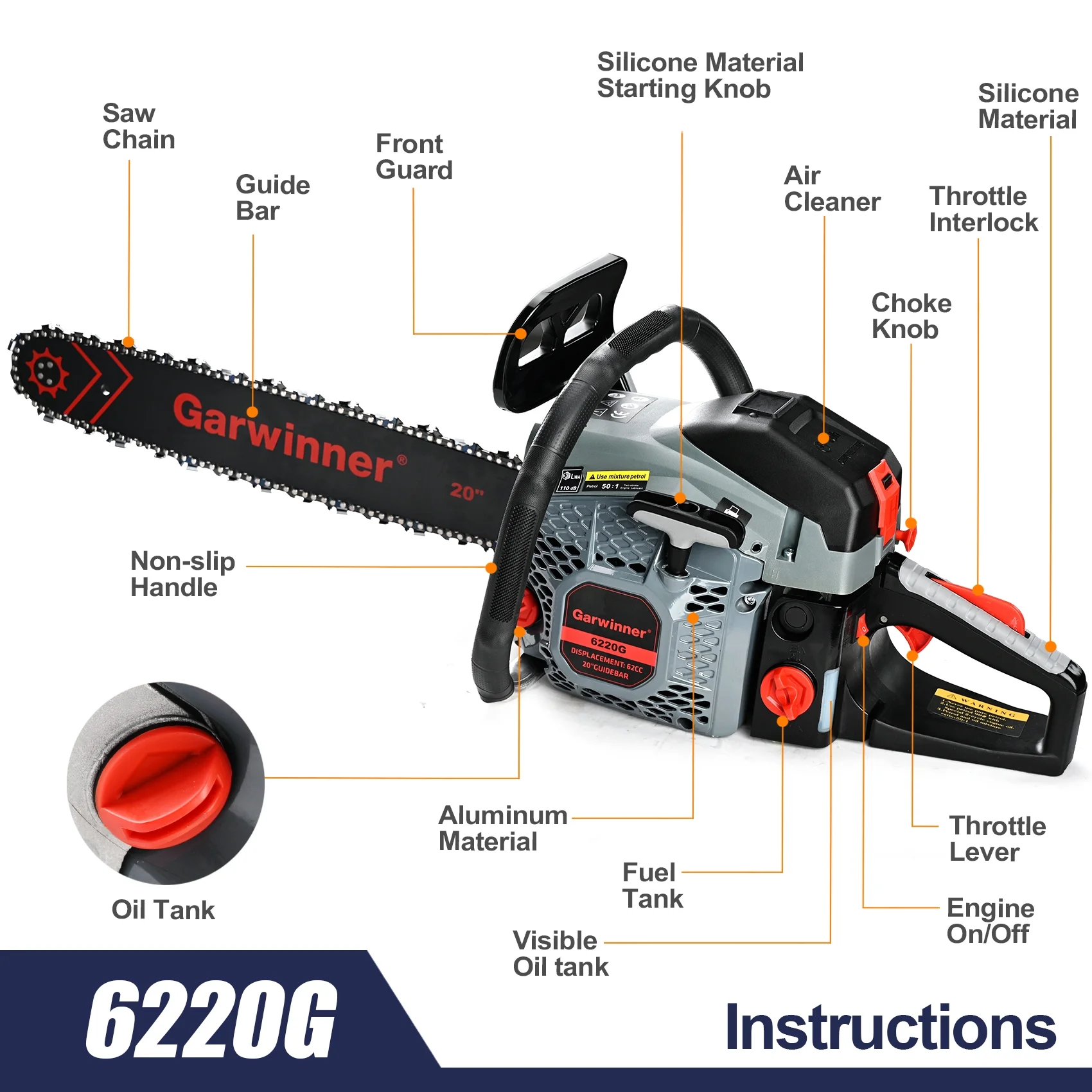 Gas Chainsaw 20 inch 6220G 62CC 2-Stroke Cordless Chainsaw for Farm/Garden/Ranch