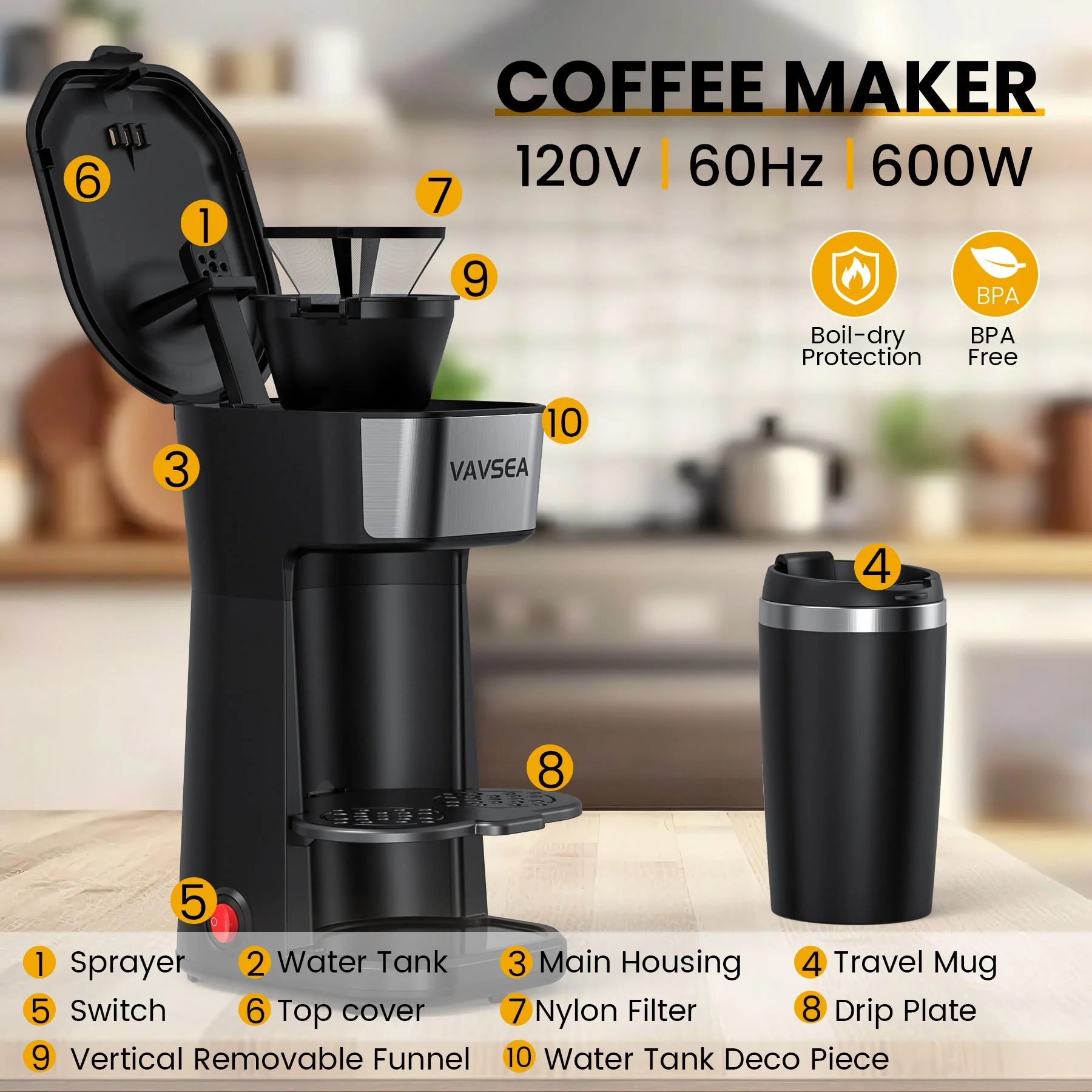 VAVSEA Single-Serve Coffee Maker Brewer with Thermal Travel Mug & Reusable Filter, 600W Coffeemaker for Ground Coffee