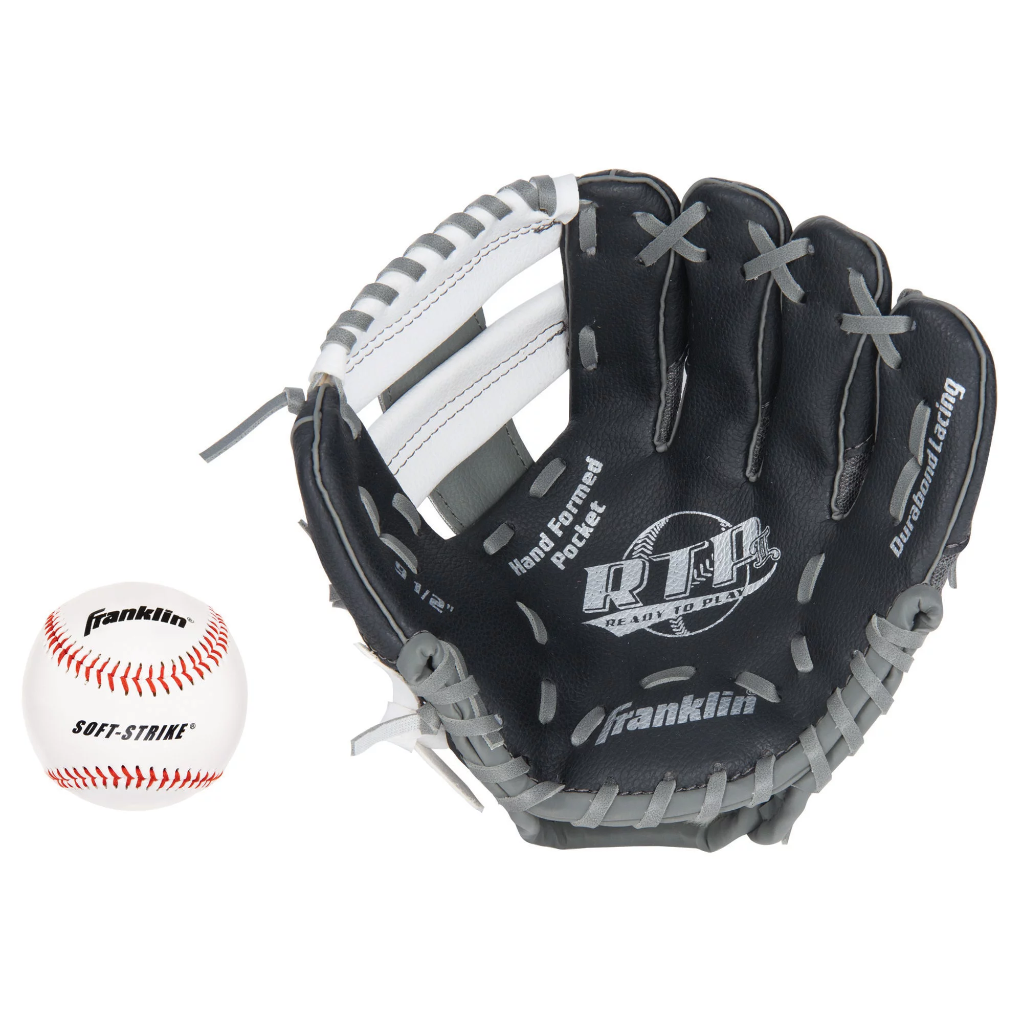 Franklin Sports Meshtek Tee-Ball Fielding Baseball Glove and Mitt with Ball Right Hand Throw – 9.5 In. Black, White and Gray