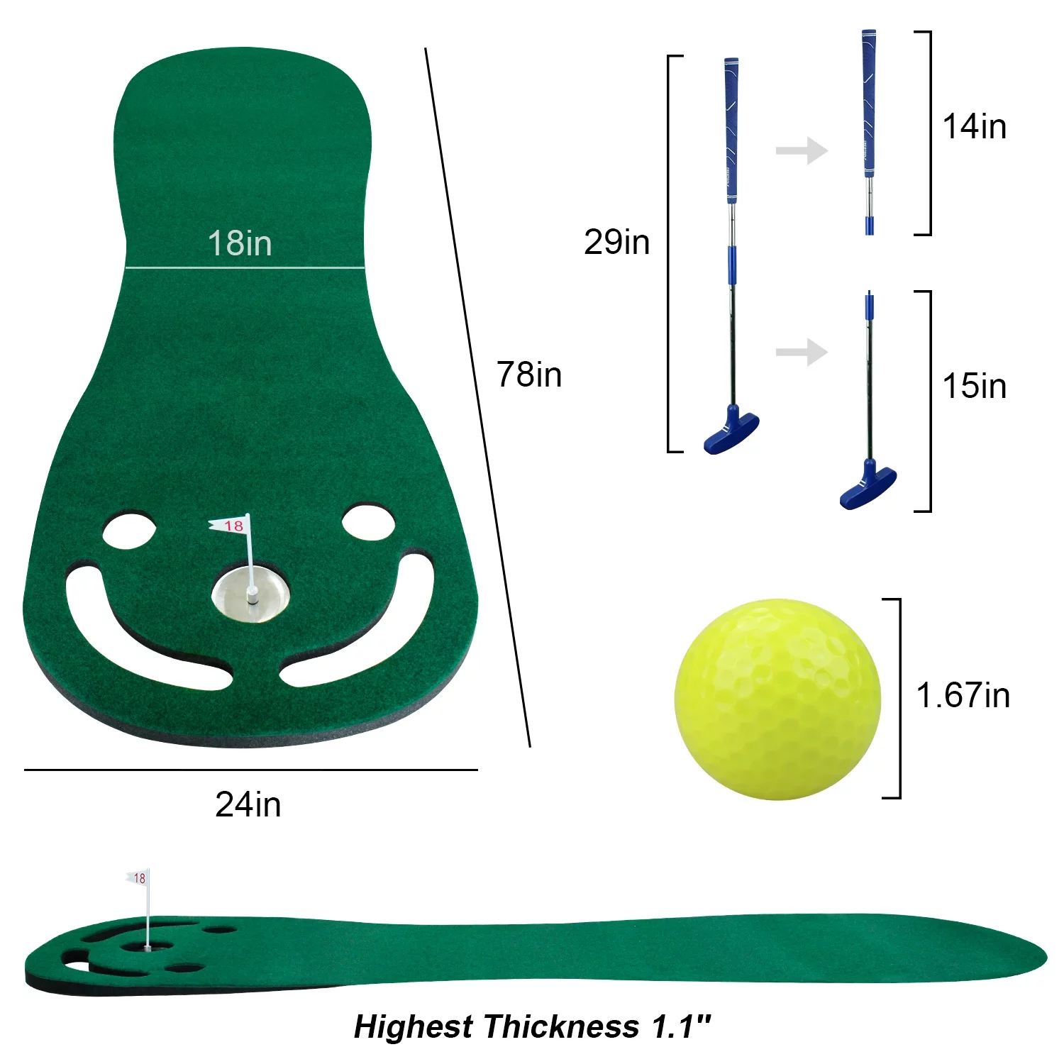 Crestgolf 78in Putting Green Mats Set for Golf Putting Use, Included 29in Golf Putter, 3 Golf Balls, Training Aid Put Cup&Flags