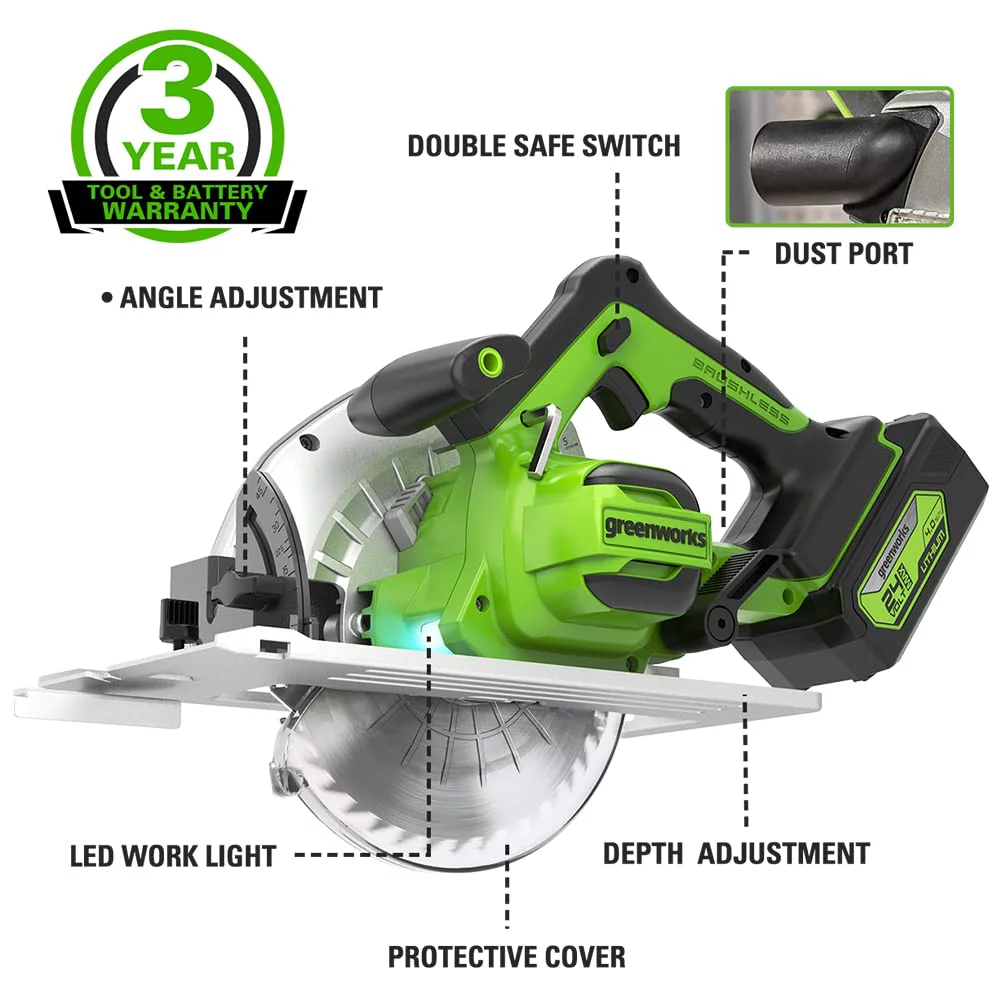 Greenworks 24V Brushless Cordless 7.25” Circular Saw 4,500 RPM, with 4Ah Battery and 2A Charger