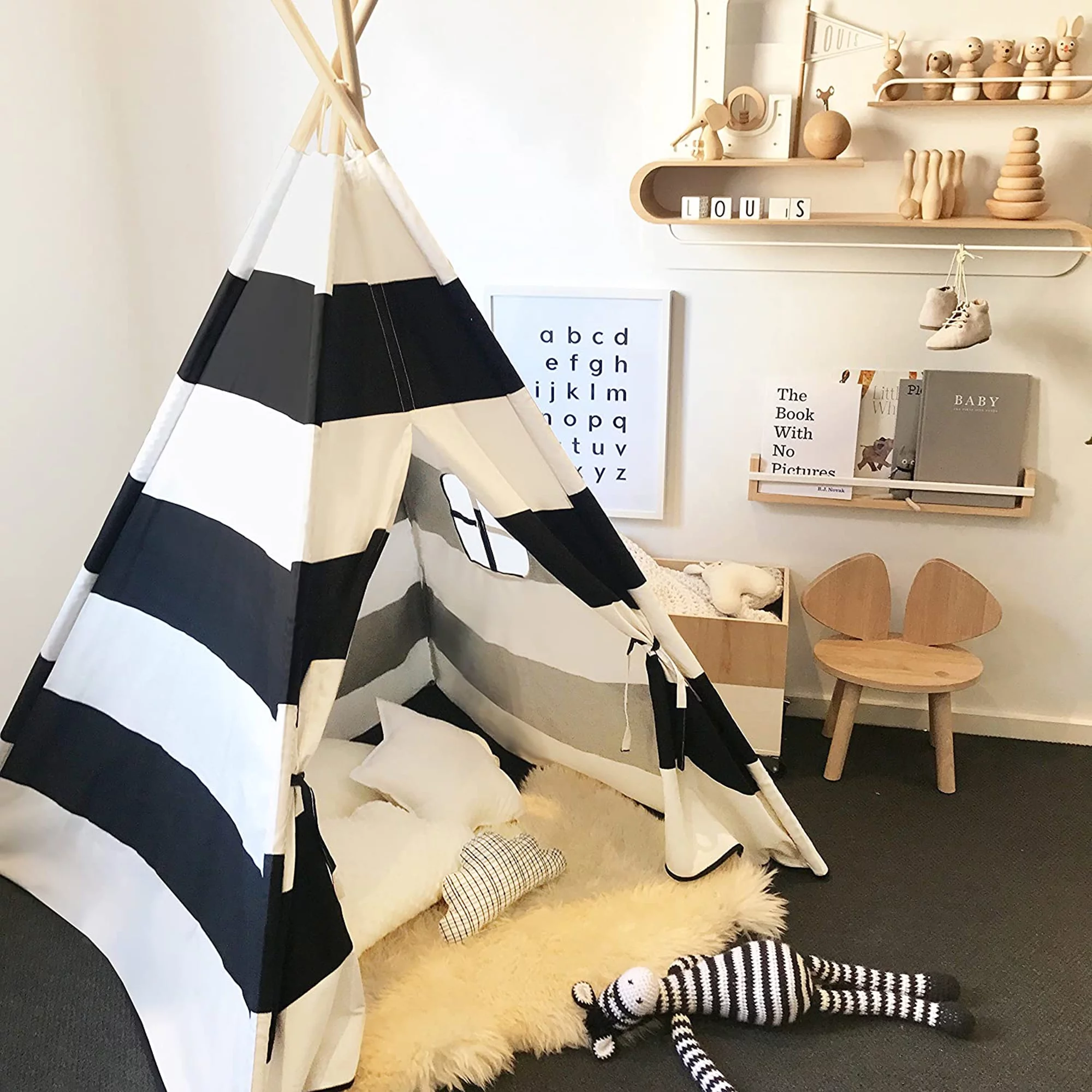 SHCKE Kids Teepee Tent Play Tent Foldable Black White Stripe Tents Tent Playhouse for Boys and Girls Indoor Outdoor