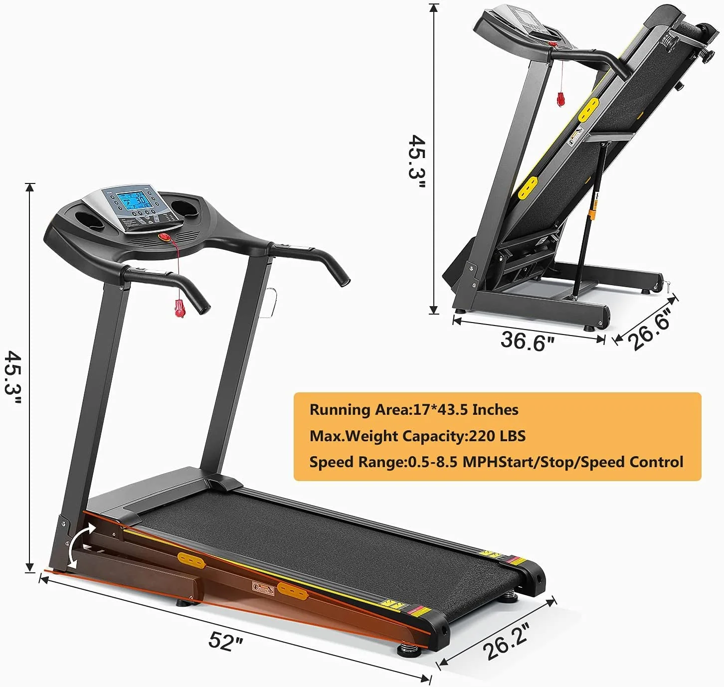 Entil 2.5HP Electric Folding Treadmill with 12-level Incline, 2-5 Degrees Ascension Angle, 15 Preset Training Programs, Heart Rate Sensors, LCD Display, 220lb Weight Capacity