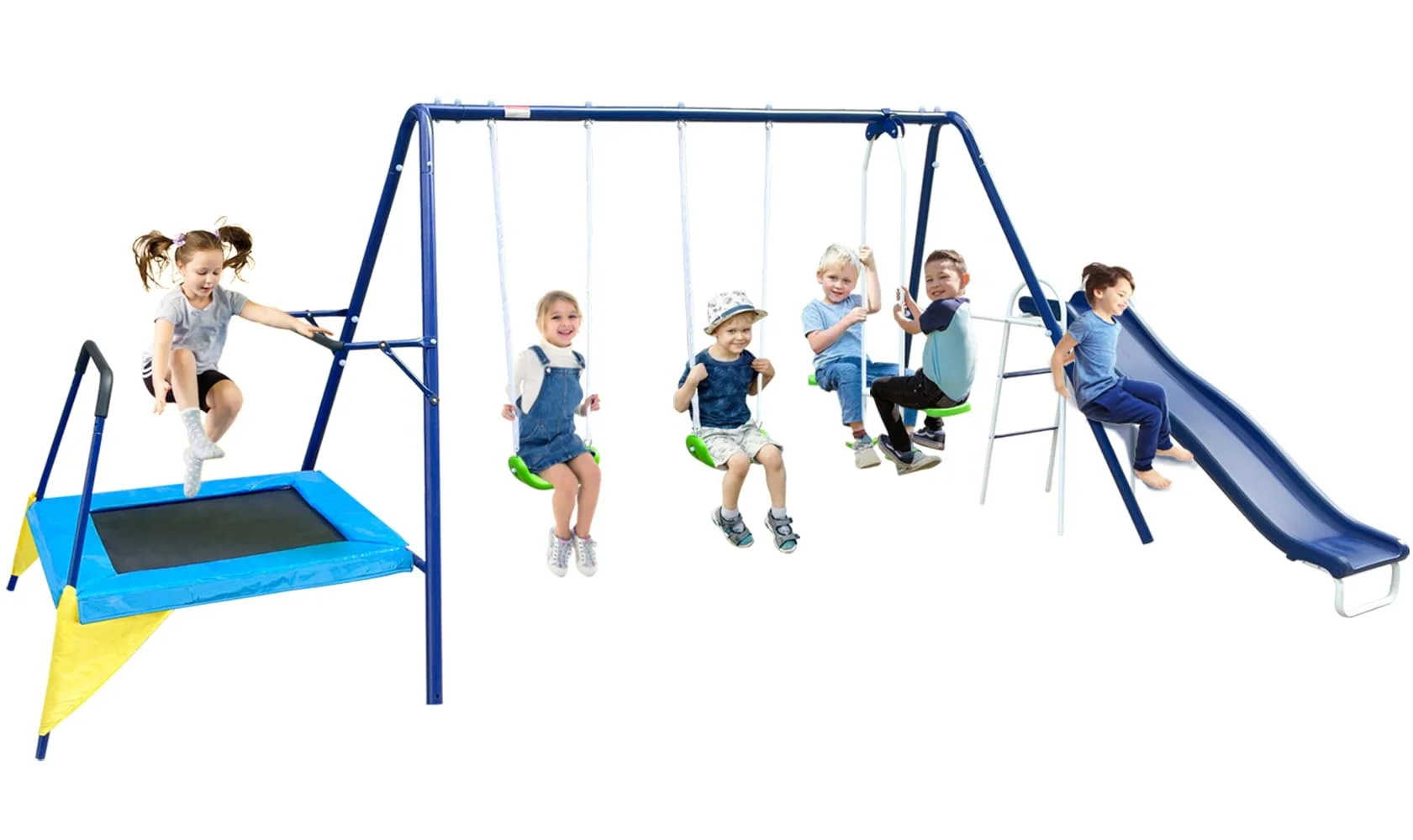 5 In 1 Multi Functions Swing Set for Backyard, Heavy Duty Metal Playground Set for Kids with Slide, Trampoline, Two Swing Seats and Glider