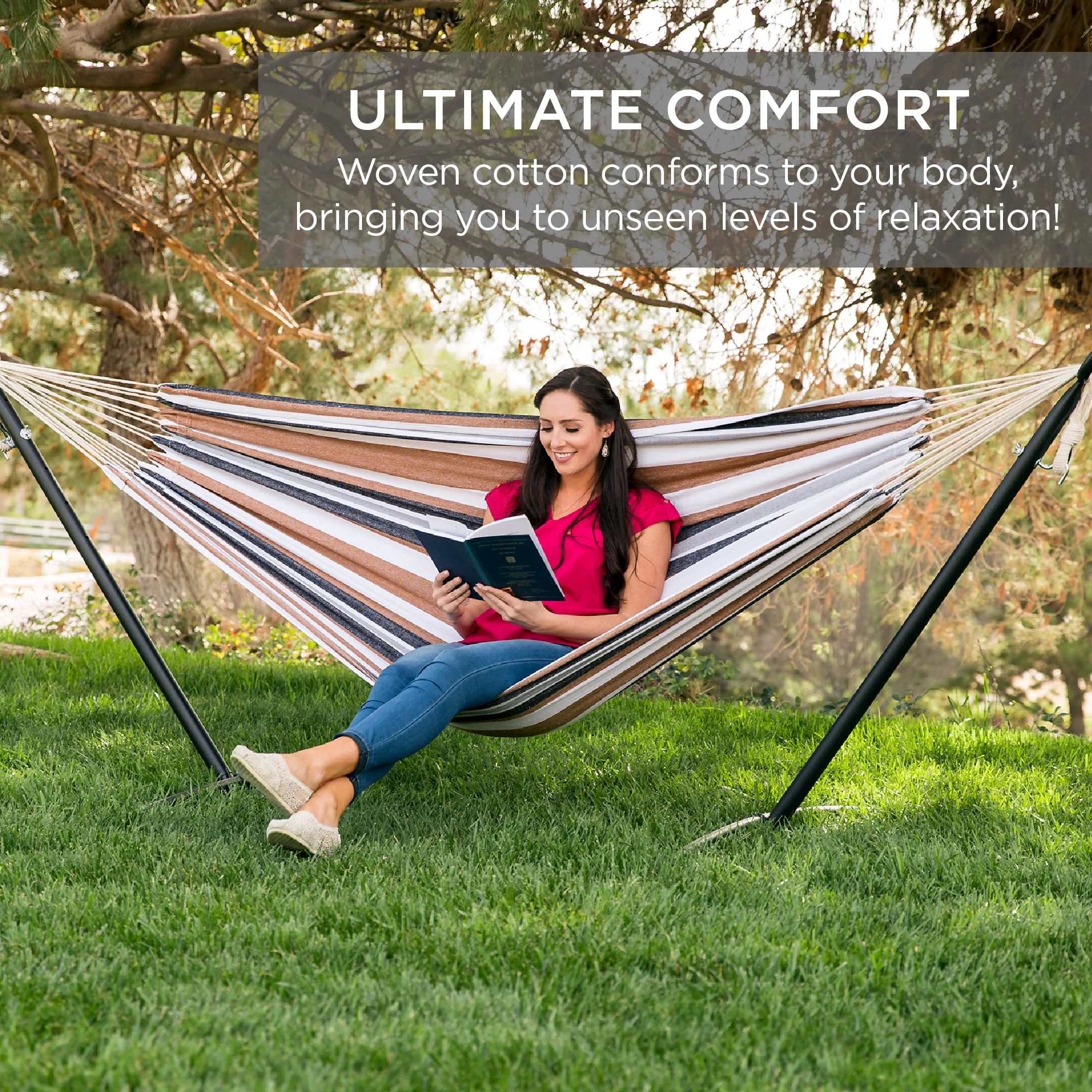 SUGIFT 2-Person Cotton Hammock with Space Saving Steel Stand Garden Yard Outdoor 450lb Capacity, Desert Stripes