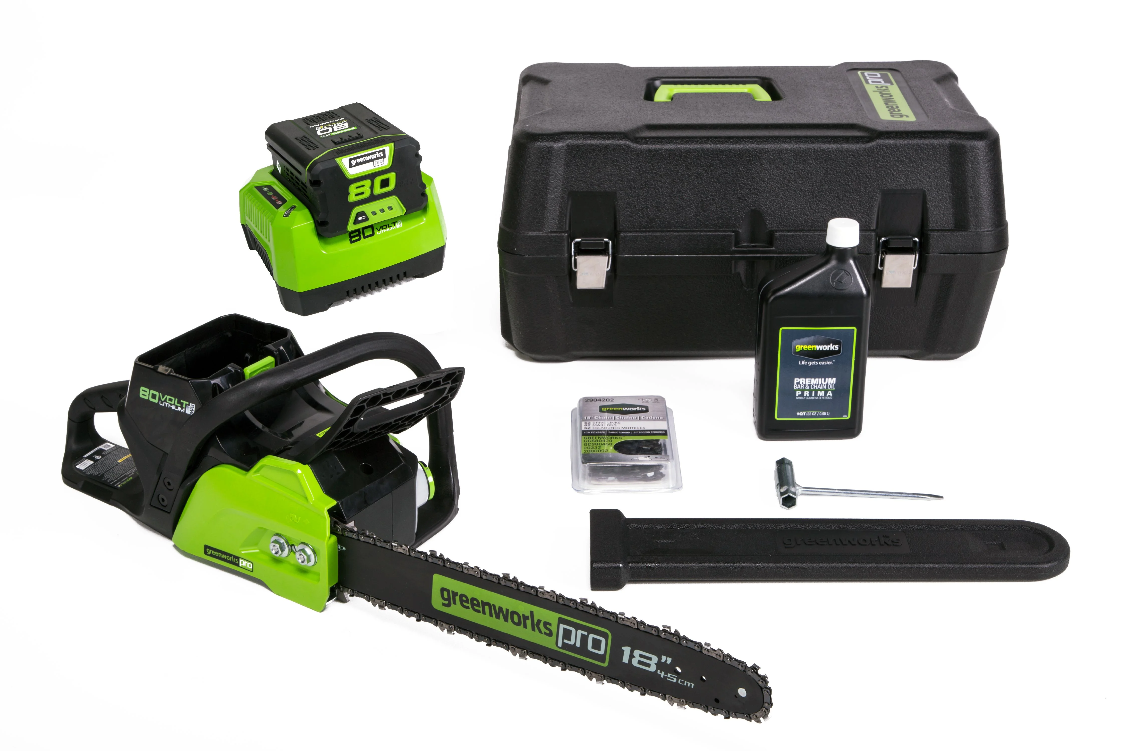 Discontinued – Greenworks 80V 18-inch Cordless Brushless Chainsaw Kit with 2.0 Ah Battery & Charger, 2004602