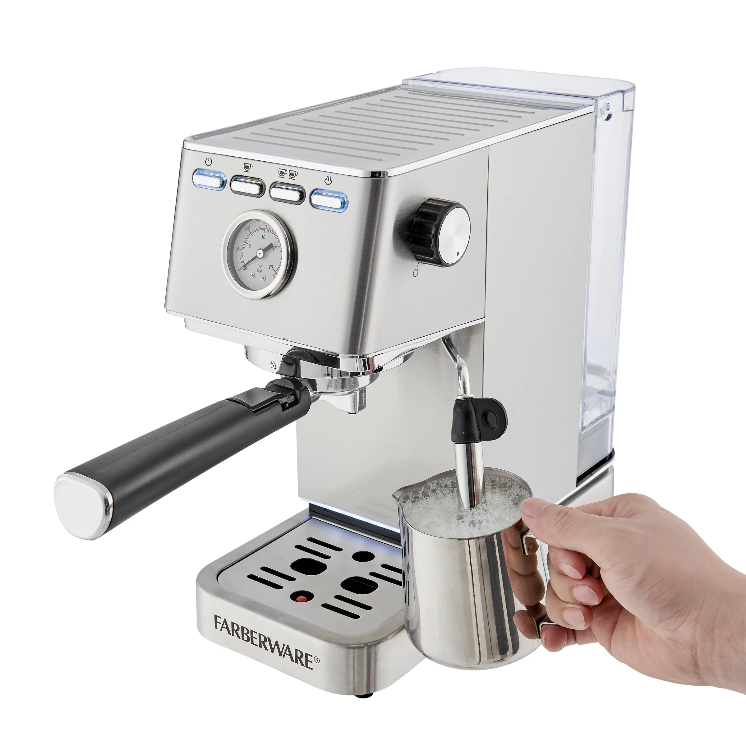 Farberware Espresso Machine, 15 Bar, Silver, Stainless Steel, Steam Wand