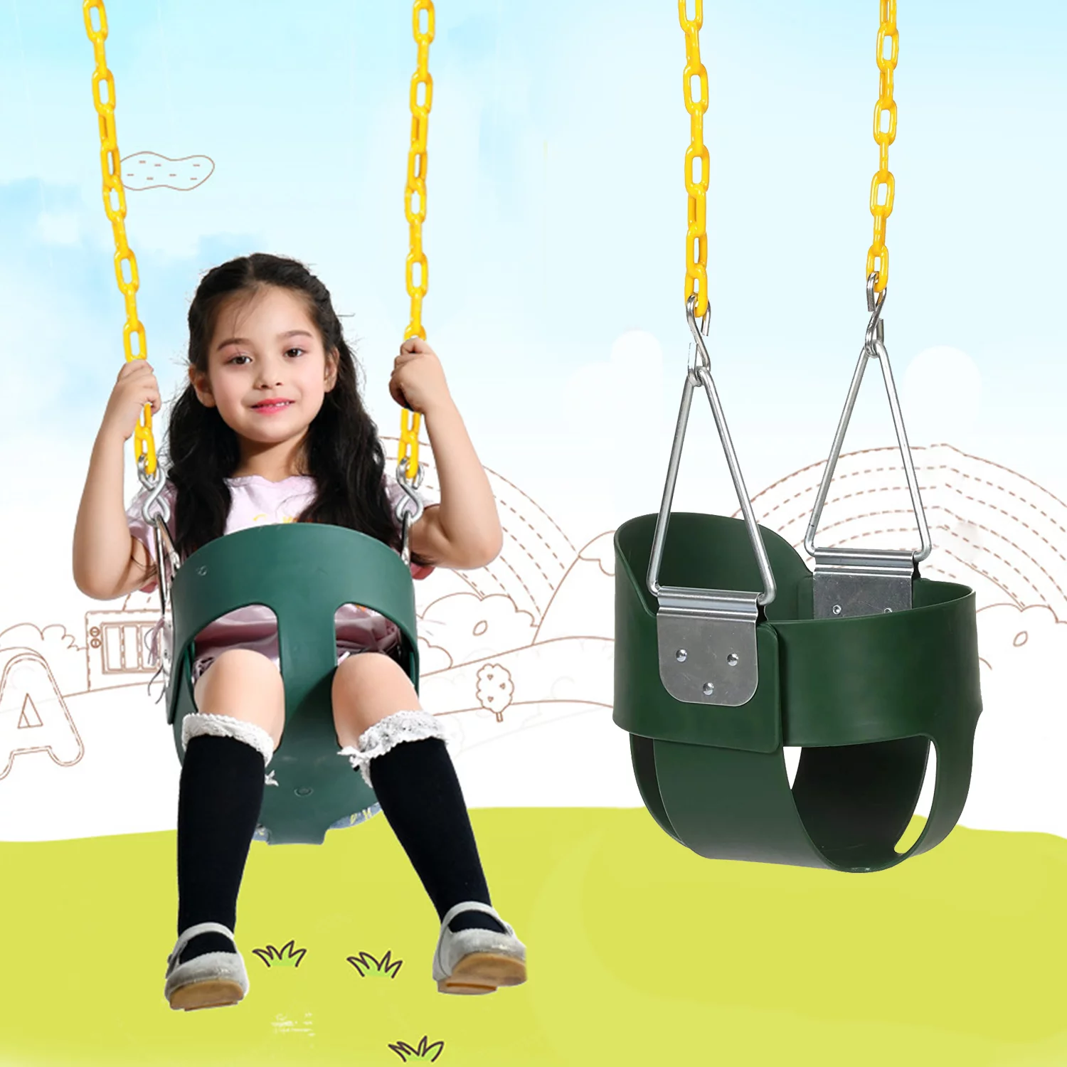 High Back Toddler Bucket Swing Seat with Coated Chains, Heavy Duty Kids Swing Seat Fully Assembled,green