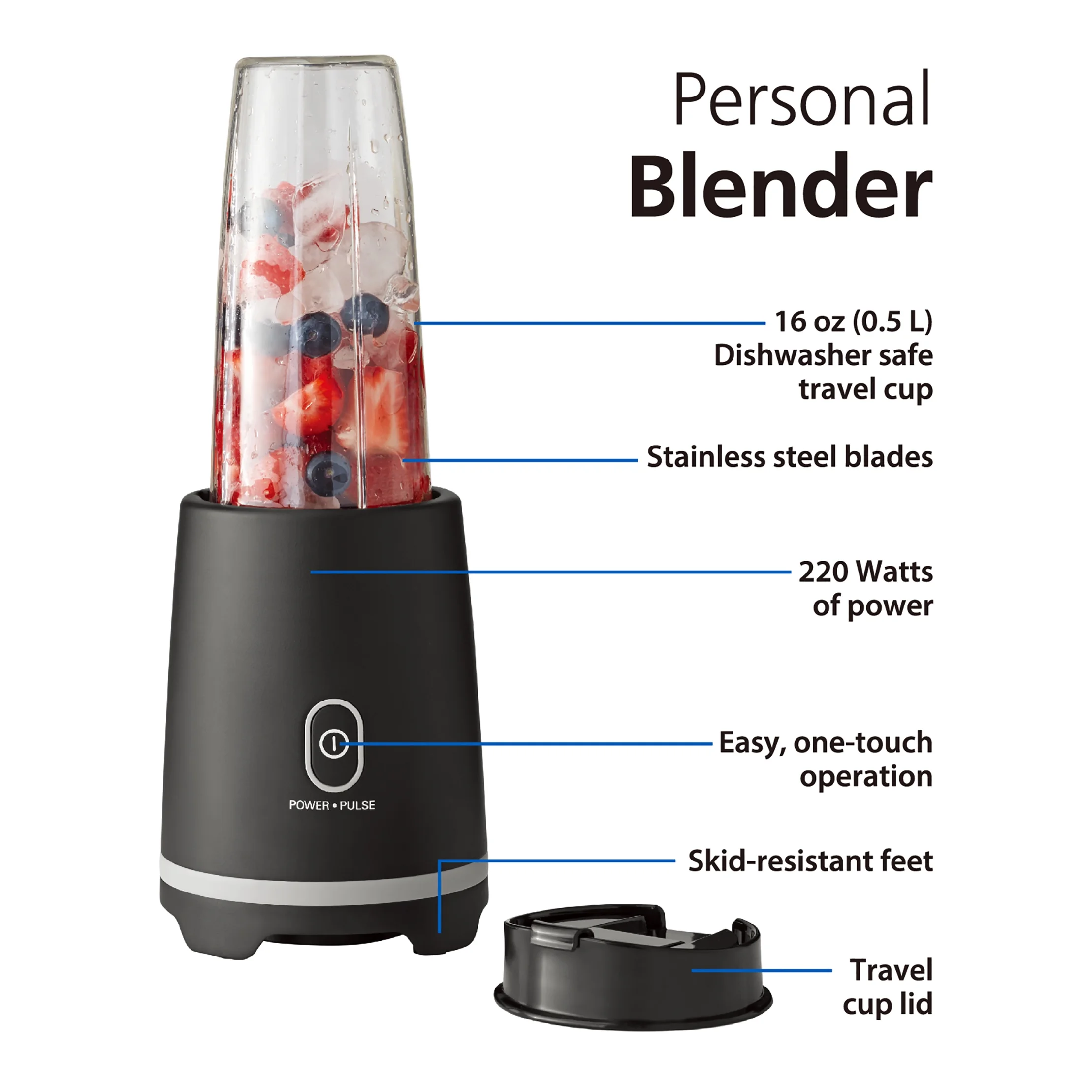 Mainstays Black Single-Serve Blender with 1 Travel Lid, 16 oz, New