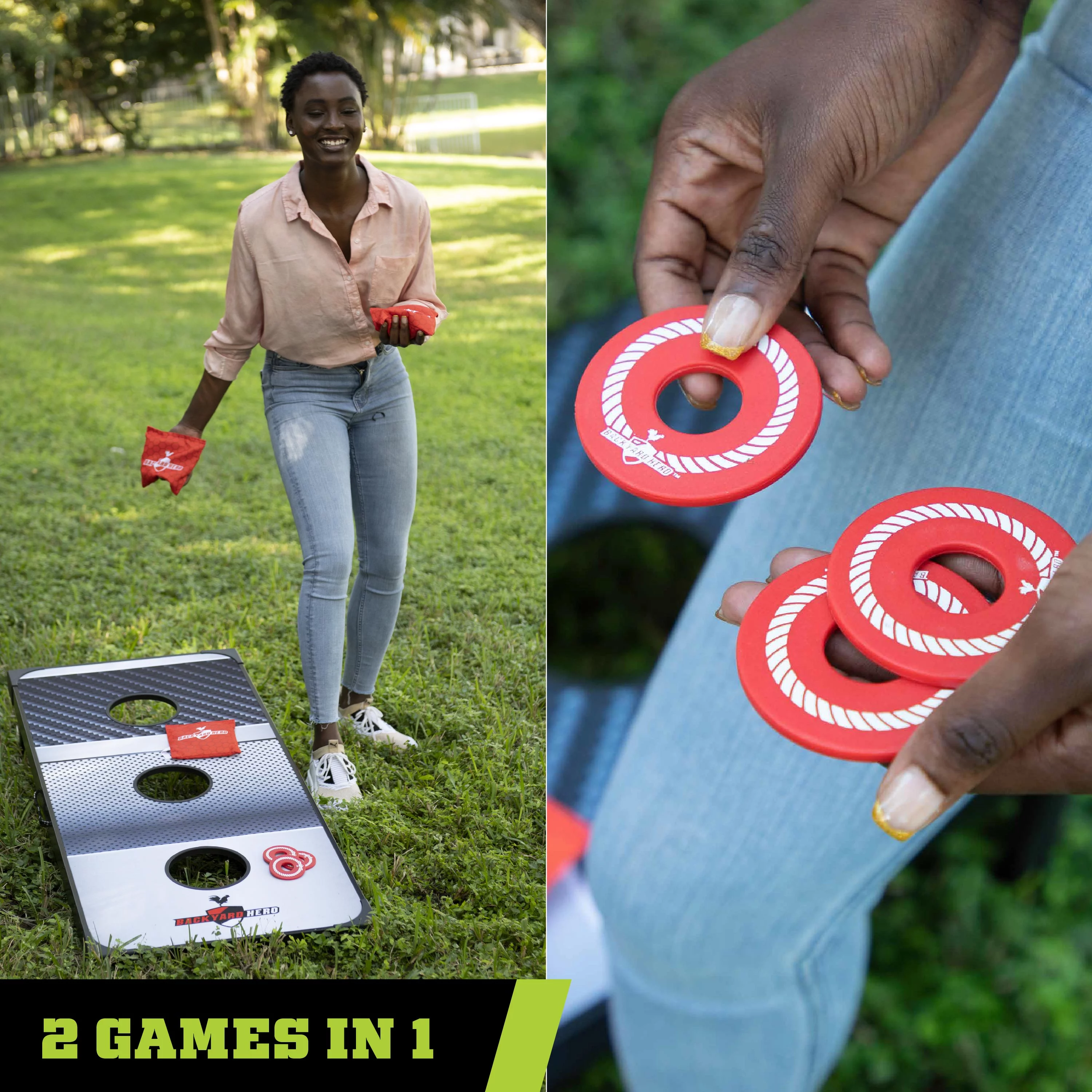 Backyard Hero Outdoor 48?? Target Toss 2-in-1 Boards, Corn Hole, and Washer Toss Games