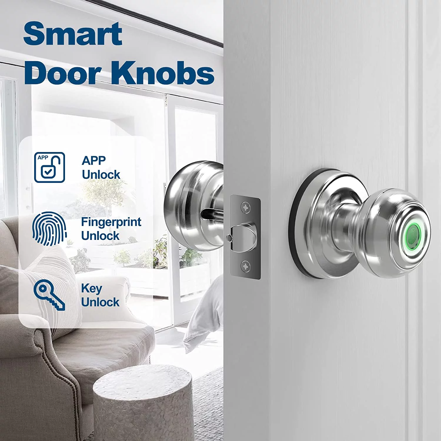 GEEKSMART Smart Door Lock, Fingerprint Door Lock Smart Lock Biometric Door Lock Fingerprint Door Knob with App Control, Suitable for Bedrooms,Cloakroom,Apartments Offices,Hotels, Silver