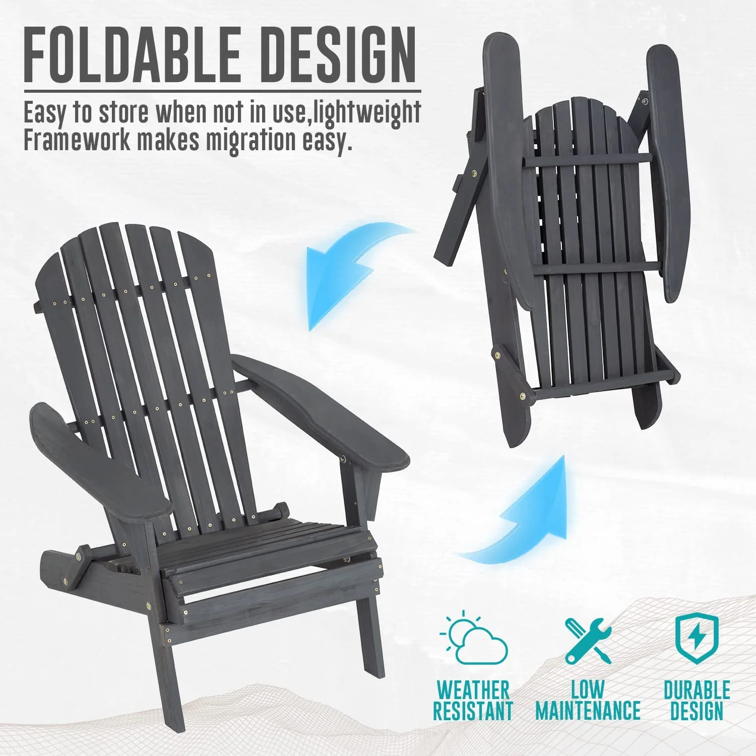 NiamVelo Folding Adirondack Chair set of 2 Outdoor Chairs with Weather Resistant Wood Texture Patio Porch Chair for Backyard Garden Deck, Grey